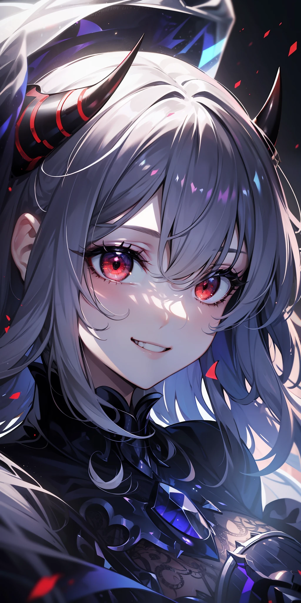 tag: 1girl, solo, ((extremely detailed cg unity 8k wallpaper)), masterpiece, best quality, ((ultra-detailed)), best shadow, multicolored background, illustration, (beautiful detailed face), floating hair, dynamic angle, high contrast, best illumination, an extremely delicate and beautiful, (hyper detail), (Beautiful face:1.2), (smile:1.0), gothic, knight armor, monochrome, veil on face, creepy smile, sadistic smile, demonic red eyes, oni horns, dynamic pose