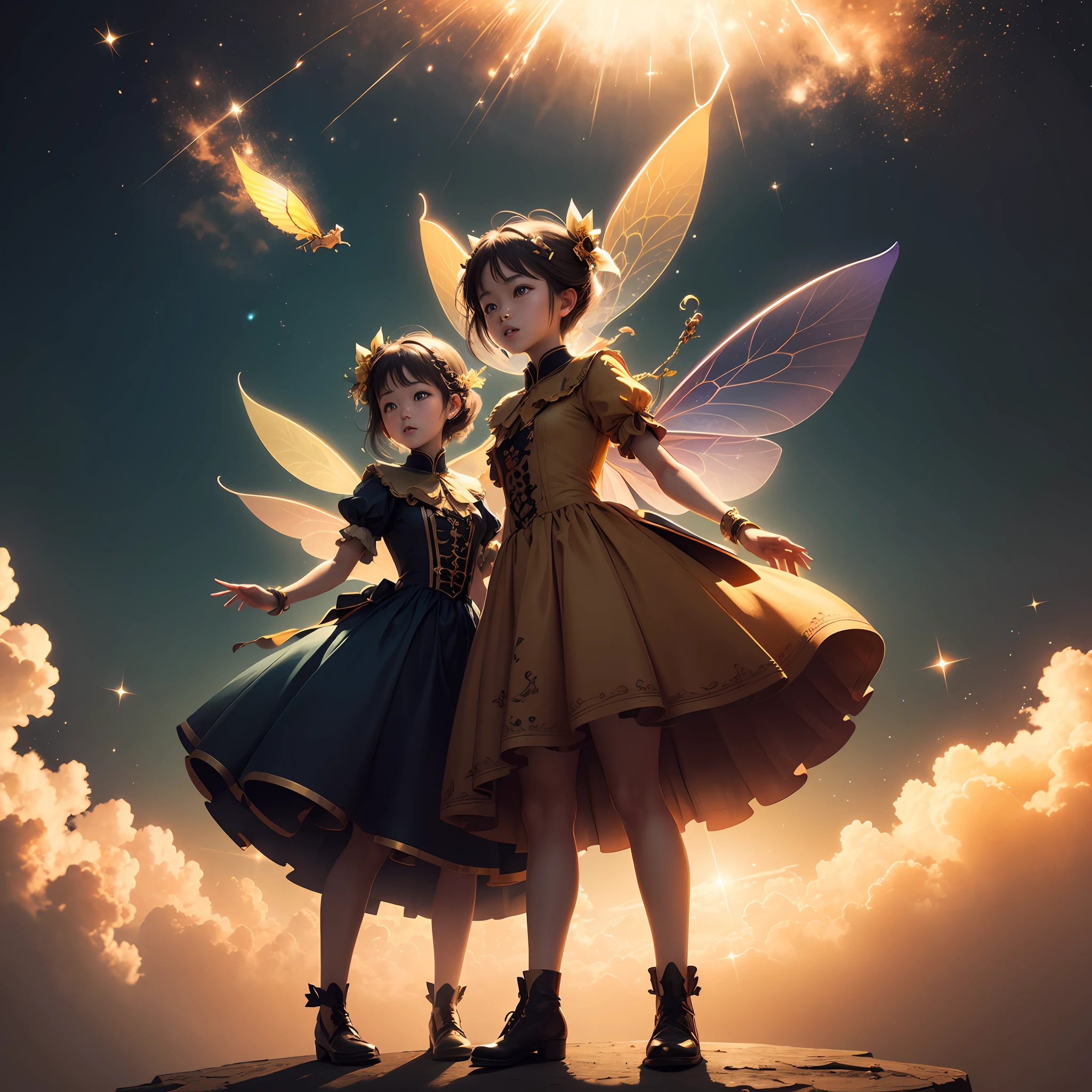 A group of flying fairies，Gold streamers，Soar in the sky。Ultra-clear resolution，Cinematic texture，a warm color palette，Ultra-clear large image。 --auto