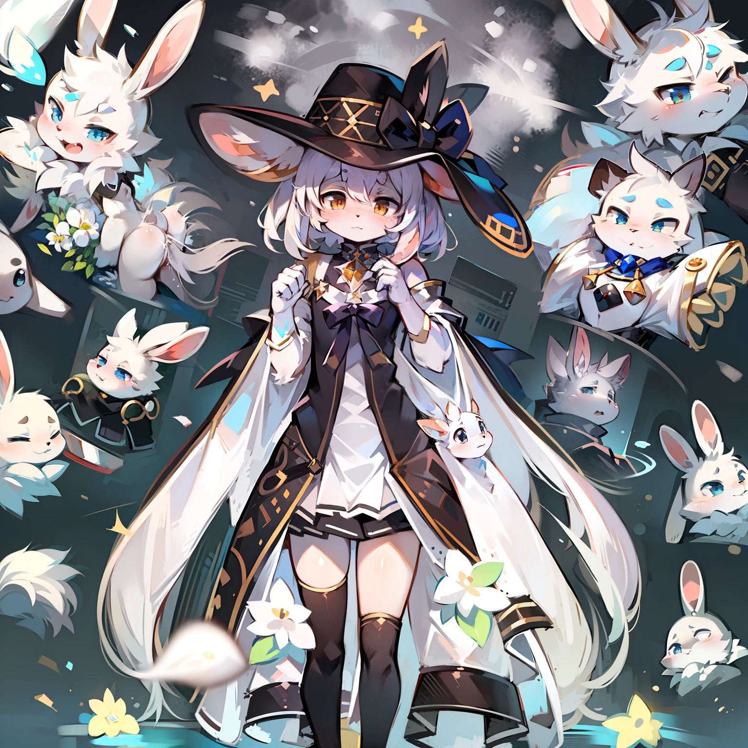 "(conejo blanco:1.2),(Vtuber:1.1),(vestido negro:0.9),(sombrero negro:0.9) (Hombre)"