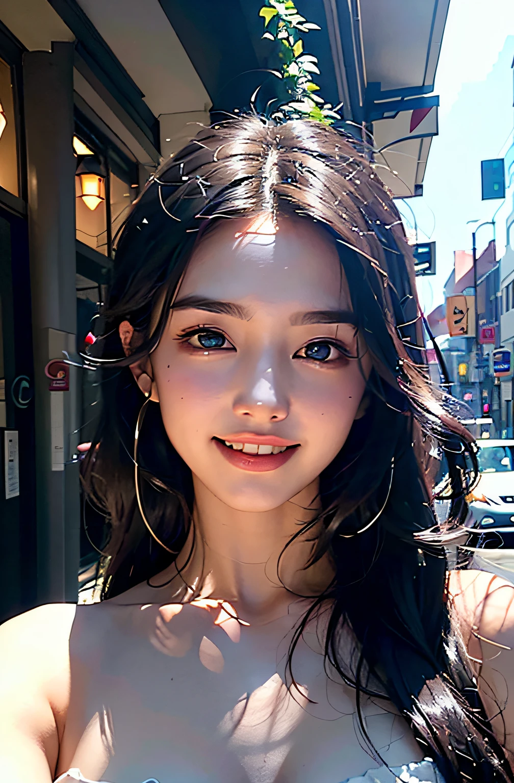 best qualtiy、masterpiece、photoRealstic、intricate-detail、Raw foto、Photon Rendering、Octane Rendering、absurderes、ultra-detailliert、A detailed face、Detailed skin、Trending in art stations、8K Masterpiece、lighting like a movie、( (1girl in))、((独奏) ))、CG Social Trends、Plastic En、((Black Long Hair))、((Beautuful Women))、(A smile)、Upper teeth、Fashionable、Hair that flutters in the wind、((Flowing hair))、fashion magazine、((A sexy))、((lighting like a movie)、((indirect lighting)、In the street、(ssex)、Grinning、