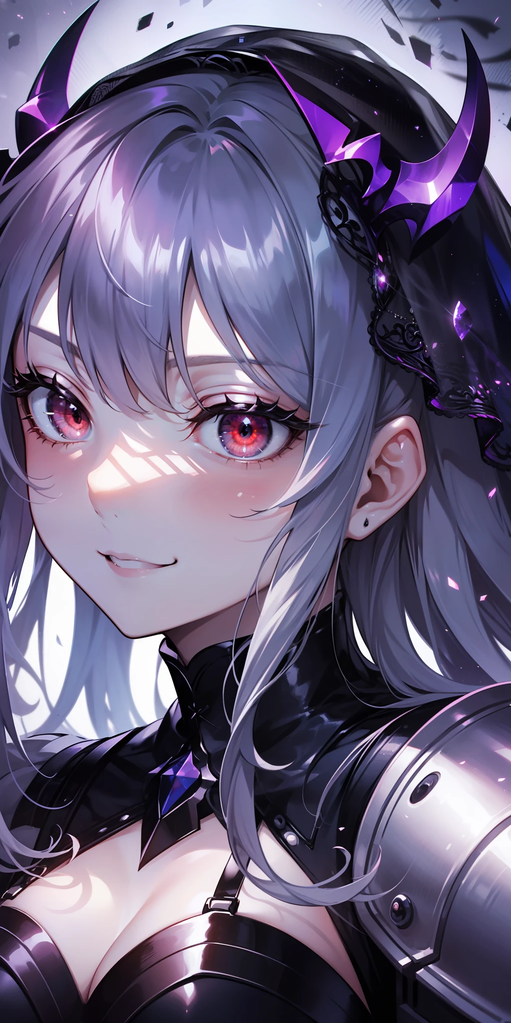 tag: 1girl, solo, ((extremely detailed cg unity 8k wallpaper)), masterpiece, best quality, ((ultra-detailed)), best shadow, multicolored background, illustration, (beautiful detailed face), floating hair, dynamic angle, high contrast, best illumination, an extremely delicate and beautiful, (hyper detail), (Beautiful face:1.2), (smile:1.0), gothic, knight armor, monochrome, veil on face, creepy smile, sadistic smile, demonic red eyes, oni horns, dynamic pose