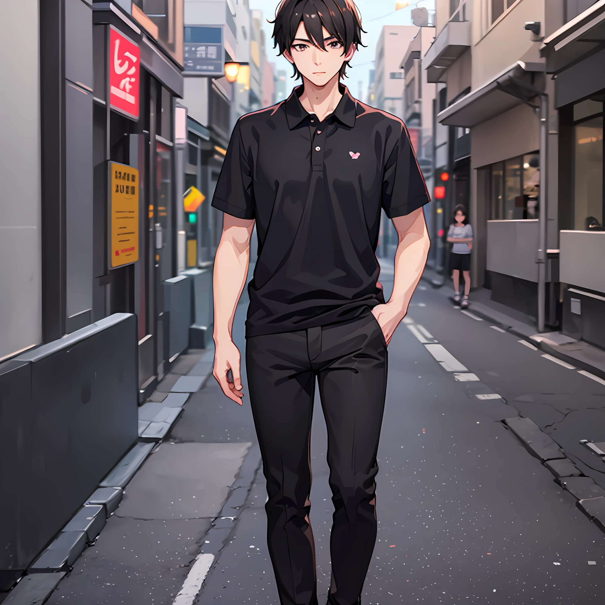 Detailed Digital Anime Art,Dark-haired young man,sideface,clear black eyes,long eyelasher,red polo shirt, Black pants, The upper part of the body, In the street,