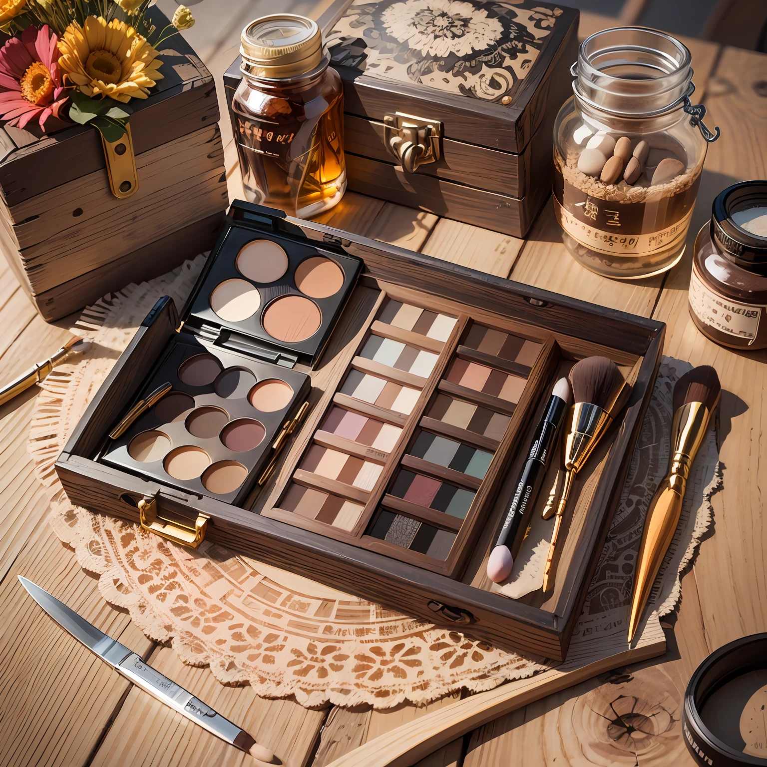Generate a picture with four Chinese characters "Free makeup" on the left side of the picture, and then the background of the picture is a table with a bunch of cosmetics and a camera on the table, generate such an advertisement image, the drawing style is illustrated