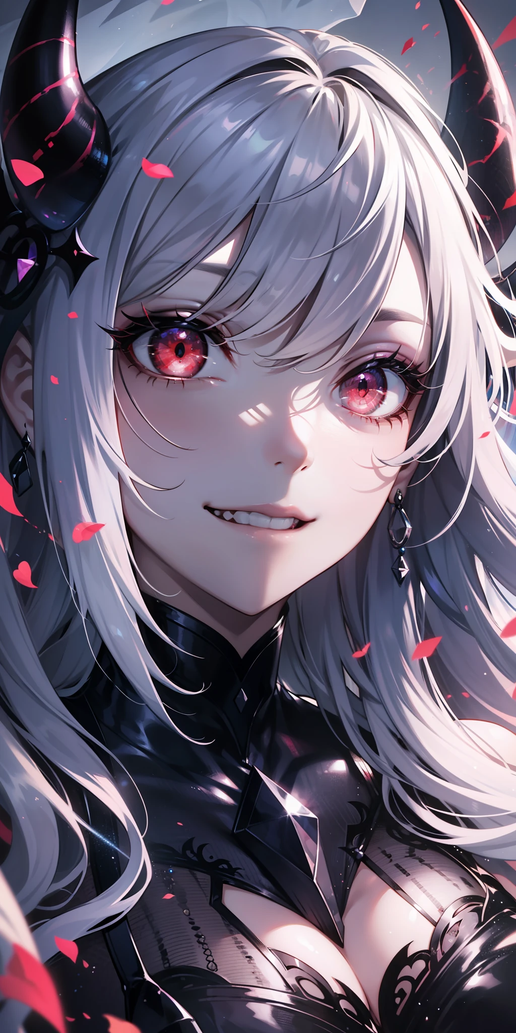 tag: 1girl, solo, ((extremely detailed cg unity 8k wallpaper)), masterpiece, best quality, ((ultra-detailed)), best shadow, multicolored background, illustration, (beautiful detailed face), floating hair, dynamic angle, high contrast, best illumination, an extremely delicate and beautiful, (hyper detail), (Beautiful face:1.2), (smile:1.0), gothic, knight armor, monochrome, veil on face, creepy smile, sadistic smile, demonic red eyes, oni horns, dynamic pose