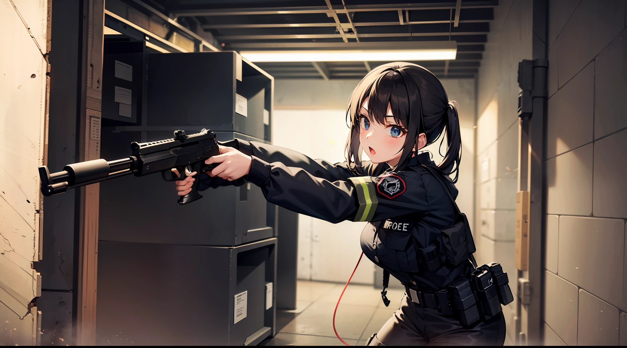 1 girl, submachine gun, call in walkie-talkie, shooting, in the dark warehouse, black clothes, special operations, special force, cinematic action, dynamic