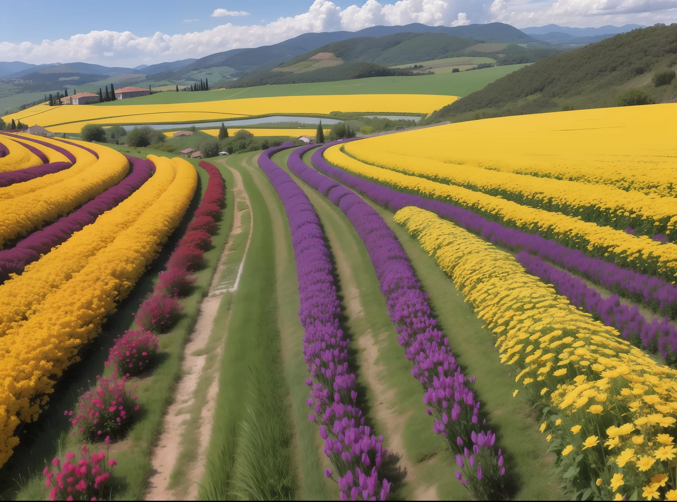 Italy、Tuscany、naturey、blue-sky、landscapes、
A narrow road in the middle of the flower field