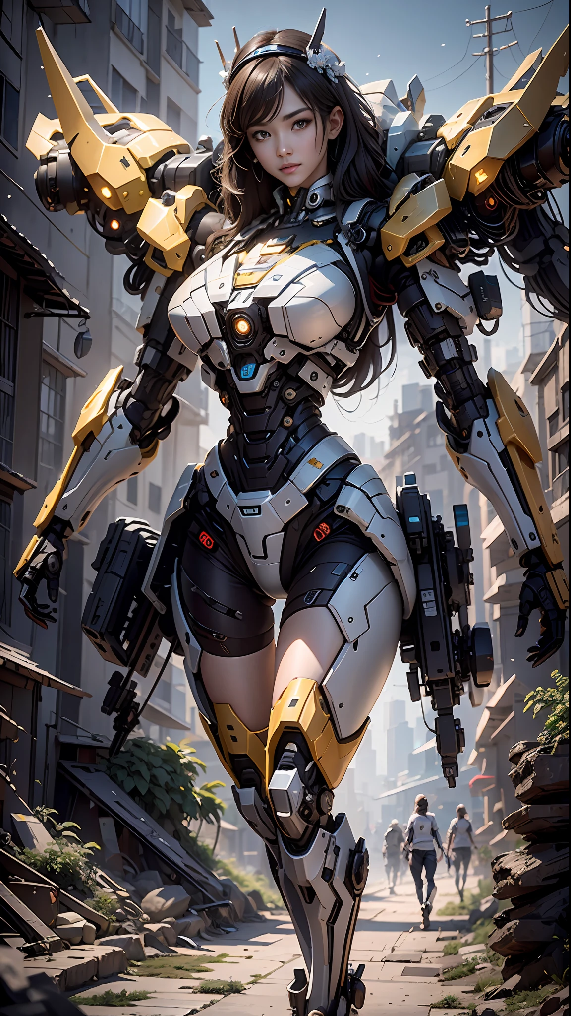 ((Melhor Qualidade)), ((Obra-prima)), (Muito Detalhado: 1.3), 3D, Shitu-mecha, Beautiful cyberpunk woman wearing crown with her ruined mecha of a forgotten war city, noite estrelada, estrelas cadentes, lua cheia, longos cabelos prateados, Black pantyhosebloom, tecnologia sci-fi, HDR (High Dynamic Range), ray tracing, nvidia RTX, Super Resolution, unreal 5, espalhamento subsuperficial, textura PBR, Post-processing, anisotropic filtering, profundidade de campo, Maximum Sharpness and Sharpness, textura multicamadas, mapeamento especular e albedo, surface shading, Precise simulation of light-material interactions, perfectly proportions, octane rendering, duotone lighting, ISO baixo, white-balance, rule of thirds, ampla abertura, 8K RAW, high efficiency subpixels, Subpixel convolution, glow particles, espalhamento de luz, efeito Tyndall