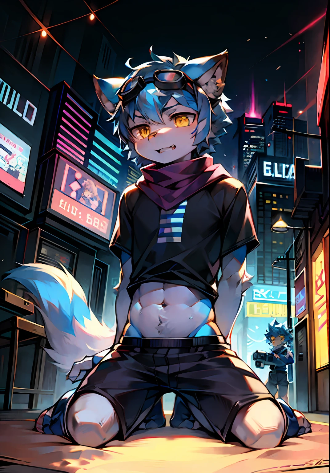 Furry,catss,shoun,14岁,cerulean,Delicate painting style,,Delicate hair,Delicate hands,Sports socks,Wear technology floating light-emitting goggles on the right eye,Wear short sleeves in a black tech style,short detailed hair,White hair(There is a small strand of blue hair on the front),Yellow pupil,shaggy,,Sky blue scarf,White and blue animal ears,Dappled light and shadow,Cyberpunk technology,adolable,Handsome,Shota,meat mat,The waist is slightly thinner,Boy,Hair with bangs,There are God's eyes,Black shorts,,Serious,Cyberpunk machine Windy City,,exteriors,standing on your feet,Serious,The tail is fluffy,Laser cannon in hand,Sit on your knees,Showing fangs,usa ropa blanca