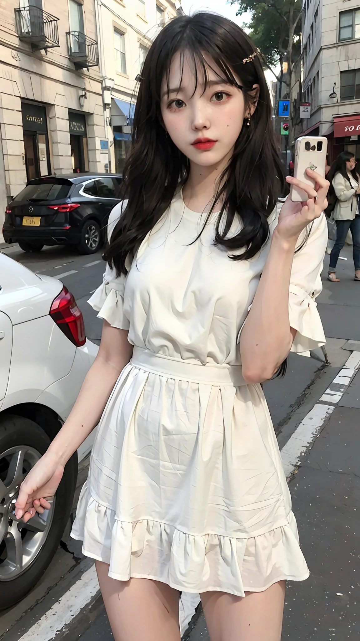 Beautiful woman, fiddling with cell phone in the middle of the street, short clothes
