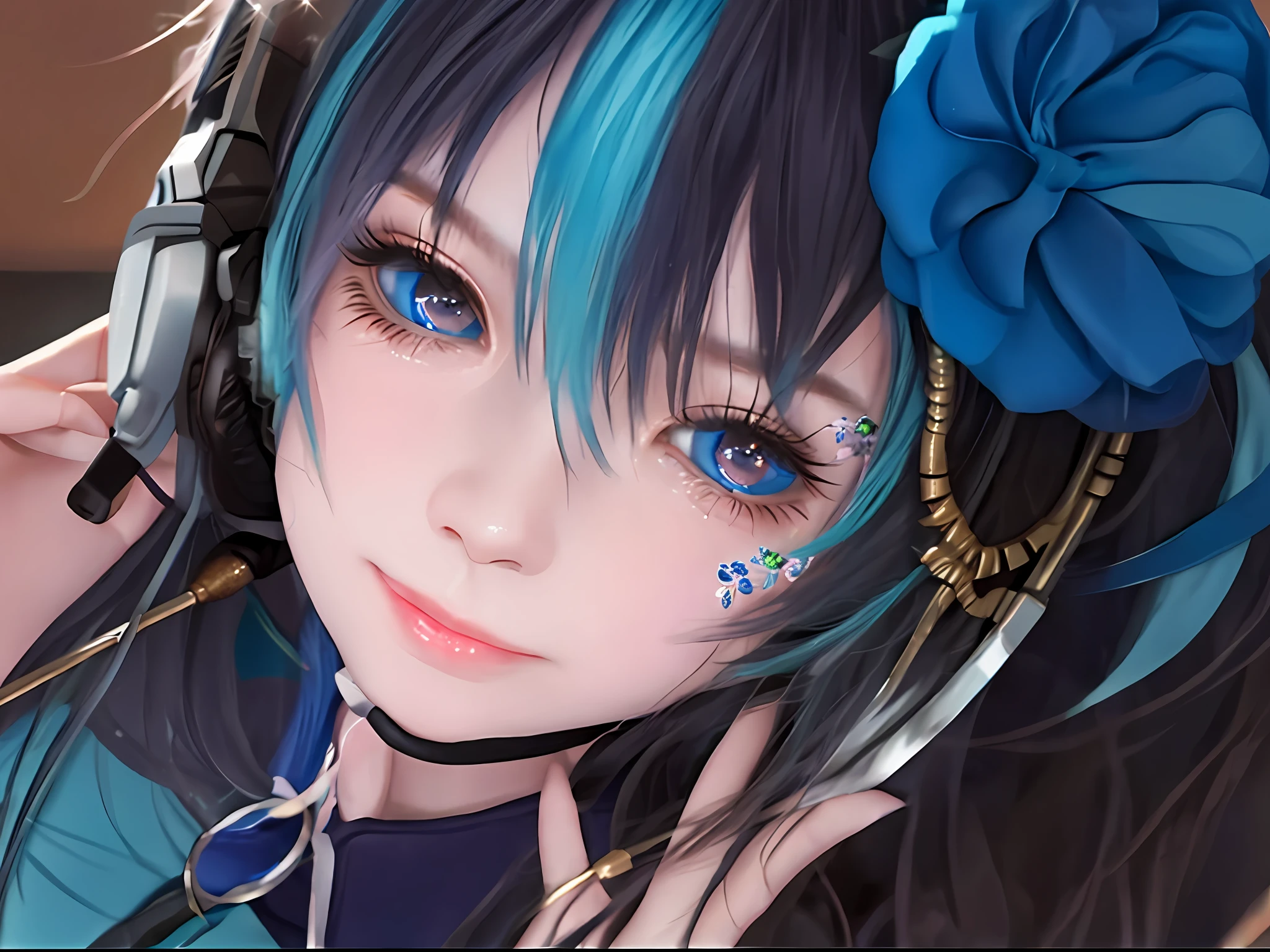 anime girl with blue hair and blue eyes with a flower in her hair, headphone, short hair, smile face, blue kohl