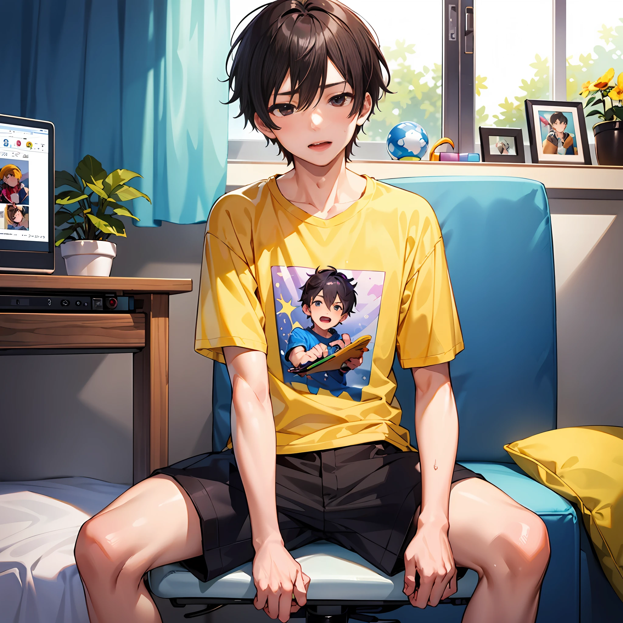 One Boy.
(masutepiece, of the highest quality, Kyoto Animation Style Illustration, of the highest quality, Official art, aesthetics, Beautiful details, :1. 2), BREAK, (27-year-old boy:1.5), Very detailed, colourfull, highest details, BREAK, Clear skin, Beautiful skin, Shy skin, with fringes, 1 boy, Black hair, ( Very short hair: 1. 2), (Black eyes, long eyelashes, Double eyelids: 1. 2), Solo, BREAK,
Fans shake their heads to blow wind into the room.
A boy is one boy.
T-shirt and shorts. Sweat.
Boy's room, bed, desk work, Chair, DVR, Shelves with small items.
Fans shake their heads to blow wind into the room.
Boy sits in front of a fan, Mouth wide open, Shout out to the fans
「Ah!'
Summer scenery.