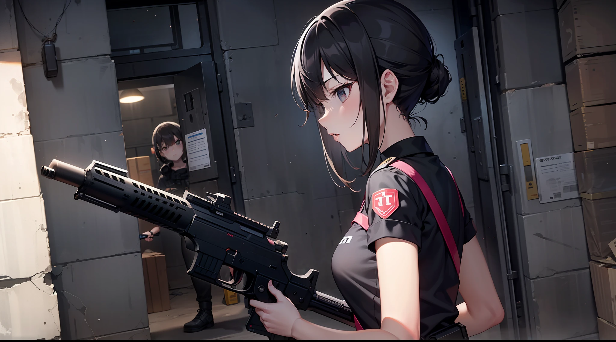 1 girl, submachine gun, call in walkie-talkie, shooting, in the dark warehouse, black clothes, special operations, special force, cinematic action, dynamic