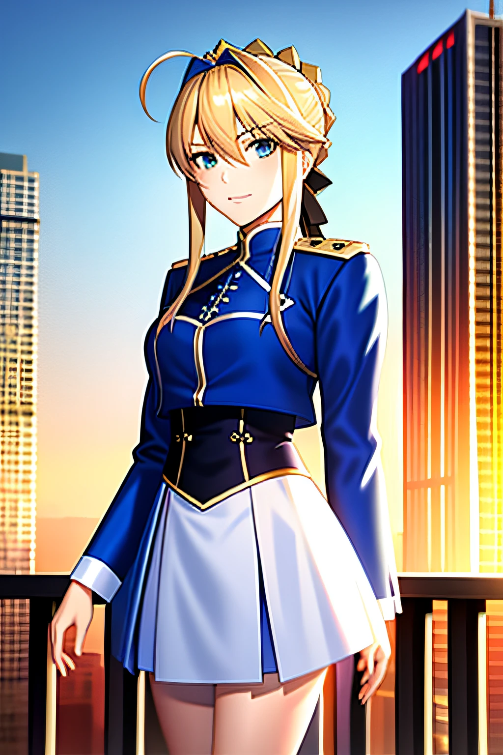 (Masterpiece:1.4), (Best Quality:1.4), 1girl, only, , ((16 years-oldria Pendrn \(fate\):1.2), knowing, blonde hair, Ahoge , green-blue eyes, headband, Homurahara Academy Uniform, ((Brown Clothing)) headband, brown dress, Looking at viewer, Upper Body, City, Cityscape, Sky, Night, anime style, Type-Moon style