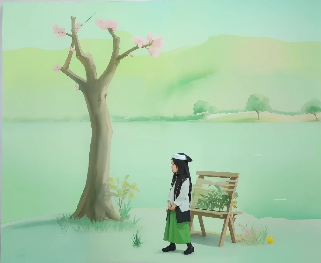 Draw a girl standing in front of a tree,There are benches, nature painting, watercolour on paper, based on child's drawing, watercolor paiting, Fati Hassan, Ismail Akar, paiting, water color art on paper, author:Maryam al-Hashemi, watercolor paiting, traditional art, author:Alice Lahoun, color drawing, kids drawing,Verism, conceptual art, Ray tracing, god light, Depth of field, Ray tracing, filmgrain, Minimalism, surrealism, Cubist futurism, Renaissance, Minimalism, Ray tracing, Depth of field, god light, filmgrain, retinas, Best quality, 8K, Super detail, 16k, Super detail, ccurate, Textured skin, Anatomically correct, retinas