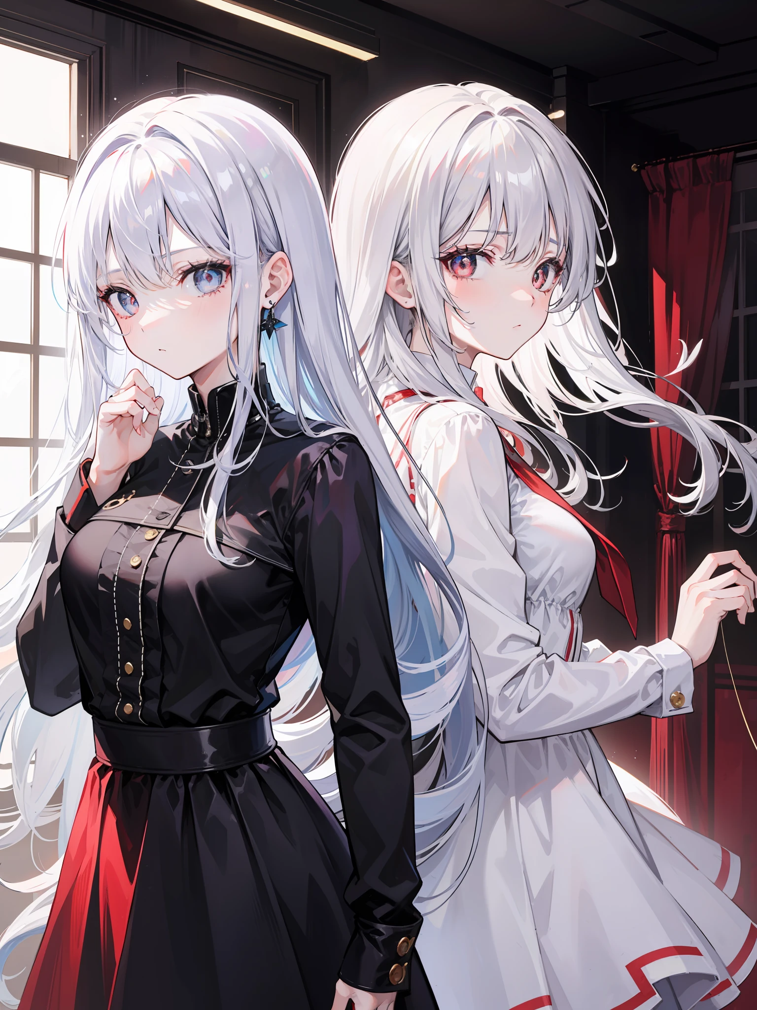 2girls，back-to-back，long  white hair，red pupils，The expression was melancholy