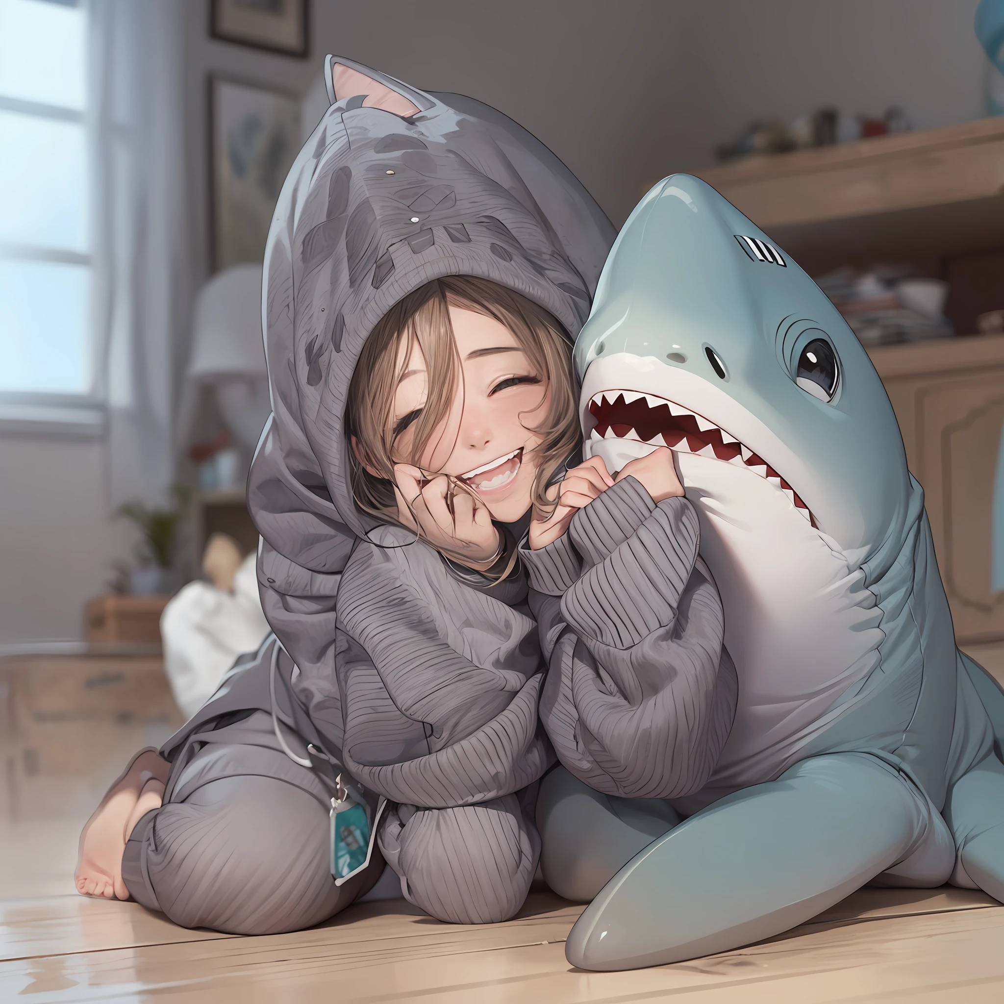(Best quality), (masterpiece:1.3), (realistic), (photorealistic:1.36), ultra-detailed, from below, a cute girl in shark Giggle, Indoor(flat chest), flipped hair, happy, cute Smile, double teeth,, dynamic angle, kneeling, shark hoodies, Hands on the floor in front of you, Cat Pose,