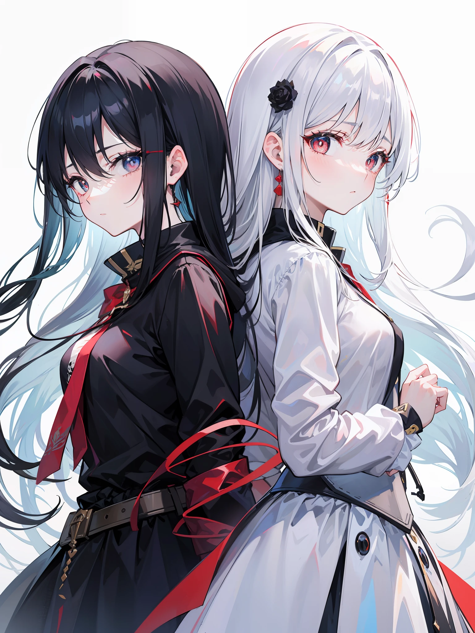 2girls,back-to-back,long white hair,red pupils,The expression was melancholy