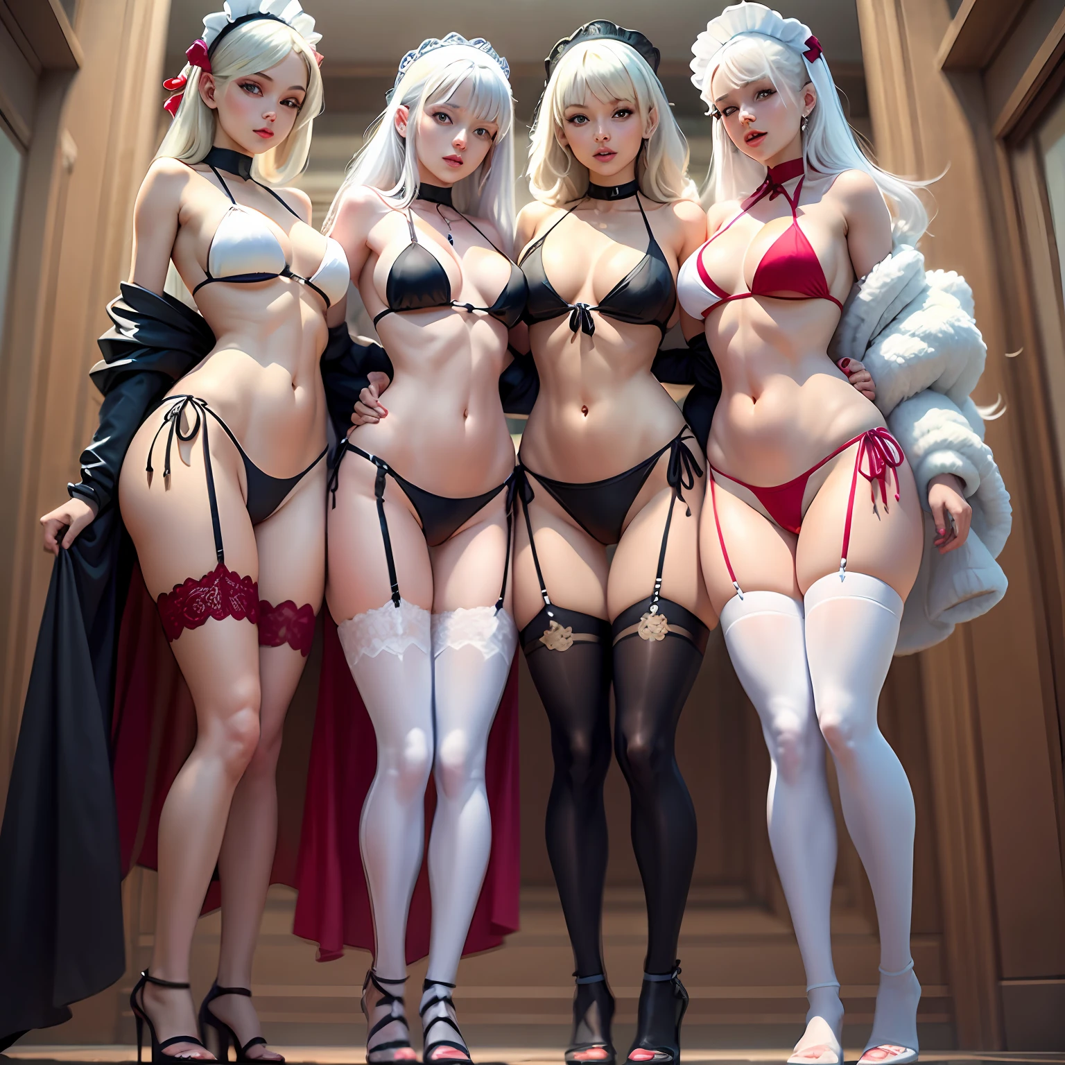 Bikini clothing　in group photograph　Lots of maids　a beauty girl　　Colossal tits　White hair　twinsies　Wide legs open　red clothing