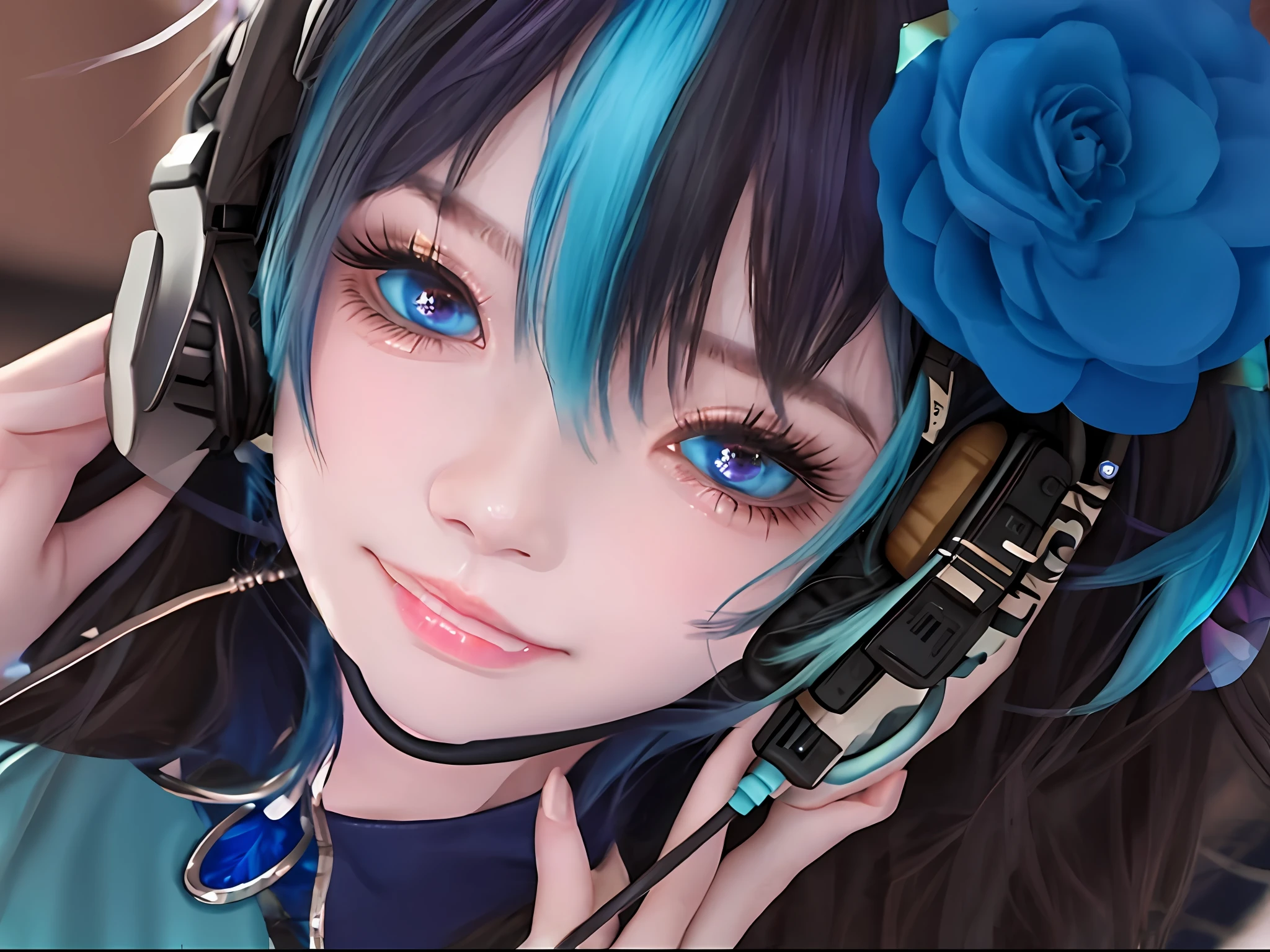 anime girl with blue hair and blue eyes with a flower in her hair, headphone, short hair, smile face, blue kohl
