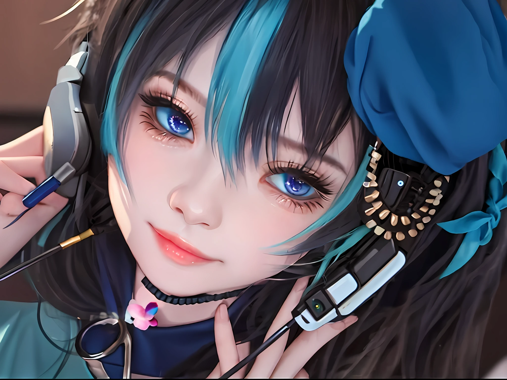 anime girl with blue hair and blue eyes with a flower in her hair, headphone, short hair, smile face, blue kohl