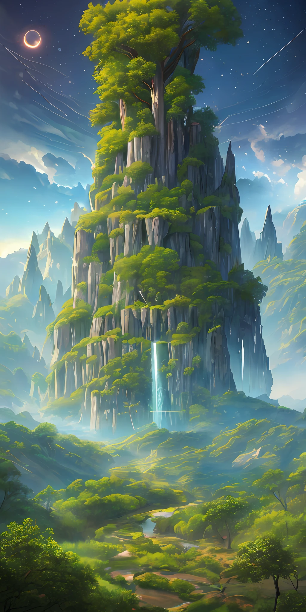 Illustration of a surreal, otherworldly, hyper sky scene including a giant crystal tree full body, highly detailed and magical lighting, intricate forest details, vegetation and surrounding river, solar punk, landscape, giant tree , beautiful green leaves, beautiful lighting and realistic proportions, as if this is a movie background, 8k, highest quality, masterpiece, clouds and stars in the sky.