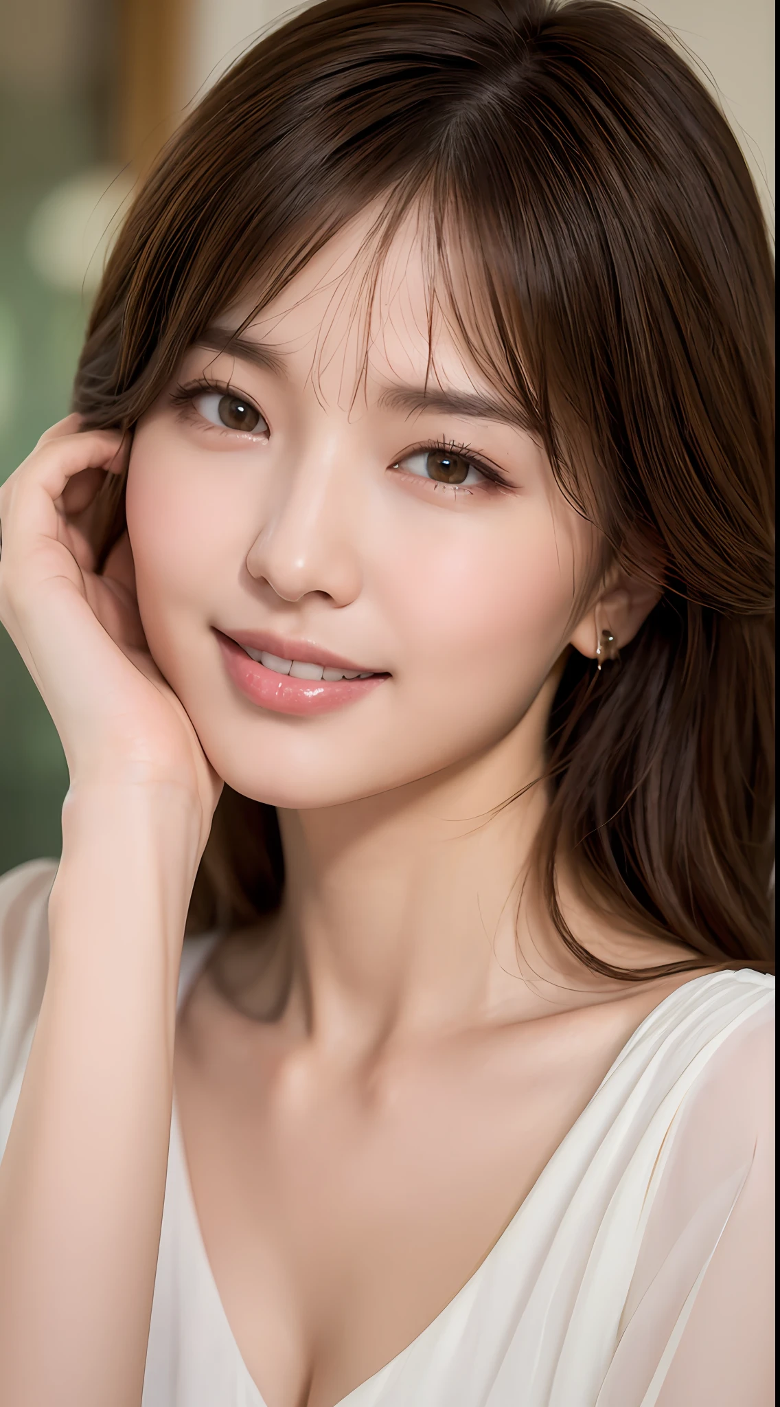 ((Best Quality, 8K, Masterpiece: 1.3)), 1 Girl, Slim Abs Beauty: 1.3, (Hairstyle Brown Hair Shortcut, Big: 1.2), Dress: 1.1, Super Slender Face, Delicate Eyes, Double Eyelids, Smile, Home, Raw Photo