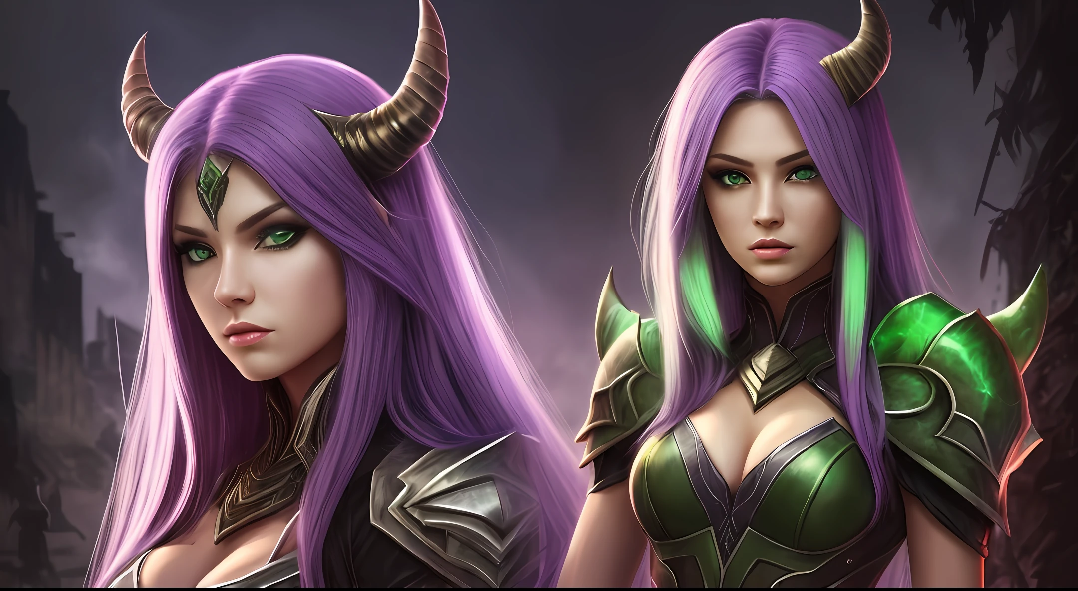 female demon hunter, realistic, double guns, purple long straight hair, green eyes --auto --s2
