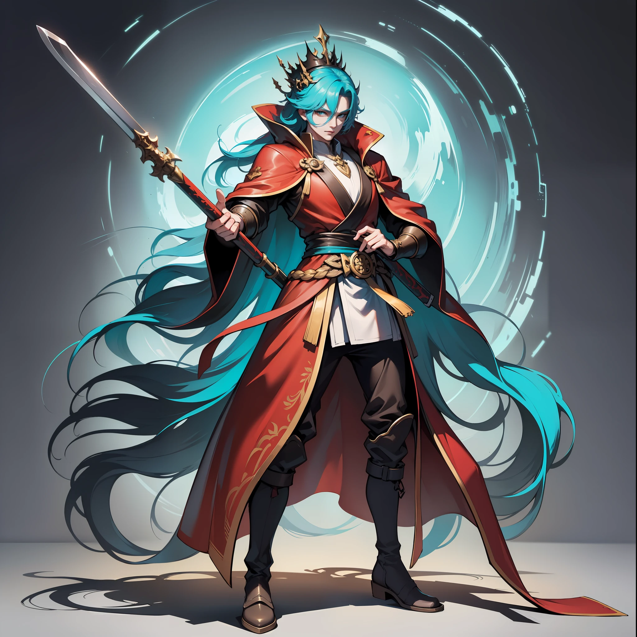 full body shot shot,white backgrounid。Ah Xing is a middle-aged man,Dressed in a red and black robe,Long cyan belt at the waist,Feet on cyan soft shoes,holding a longsword,The face is solemn,Deep eyes,It looks very majestic,Show him to be tall and mighty、Handsome and dashing、The face is like a crown of jade、just right、Open-minded,Be generous、Be open-minded、Activity decisions、Superb swordsmanship、Extraordinary martial arts image。Character standing drawing。