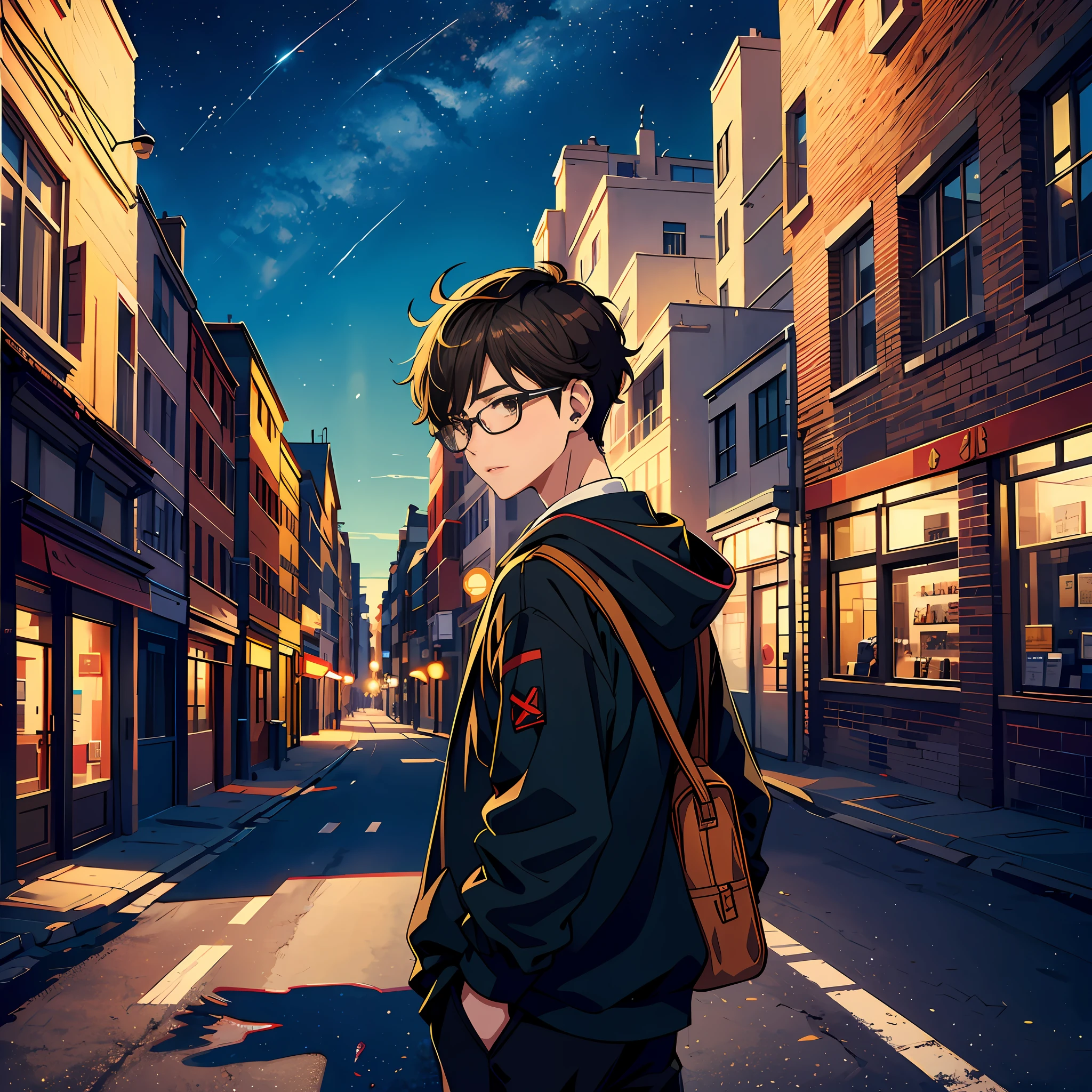 brunette color hair, style of anime, Boy with glasses, Earphone, nigh sky, Back shadow --auto