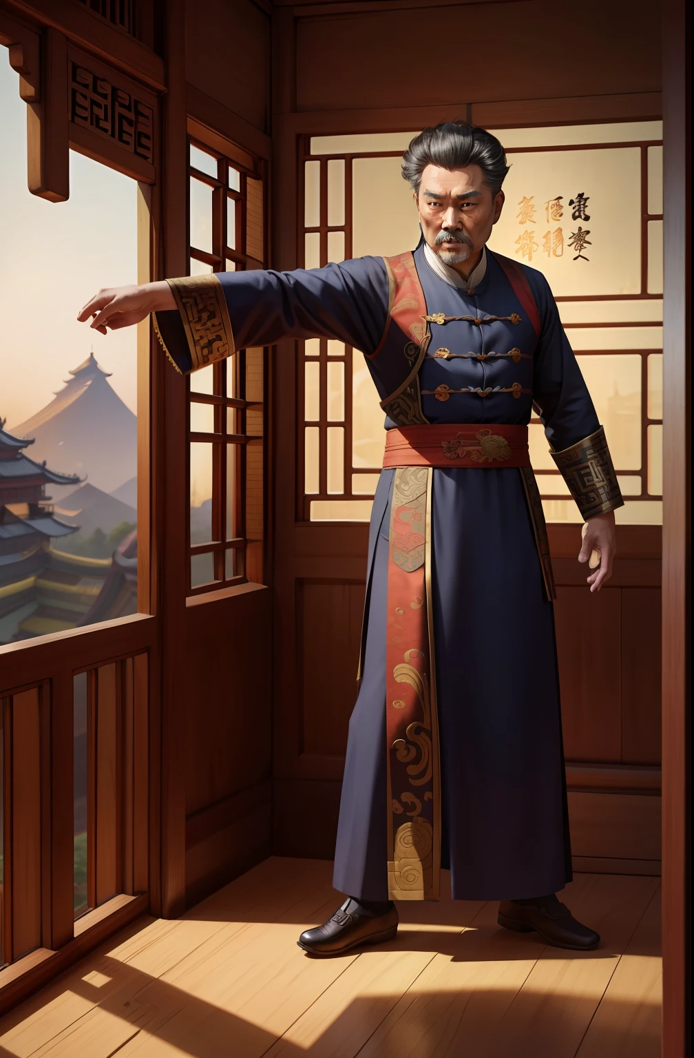 masutepiece, Highly detailed, Super realistic, 4K, 8K, Detailed background, Victorian style,
(Ancient Chinese-style Hightower Room),(You can see the taiga outside the window)、(60-year-old beefy prime minister of ancient China)、