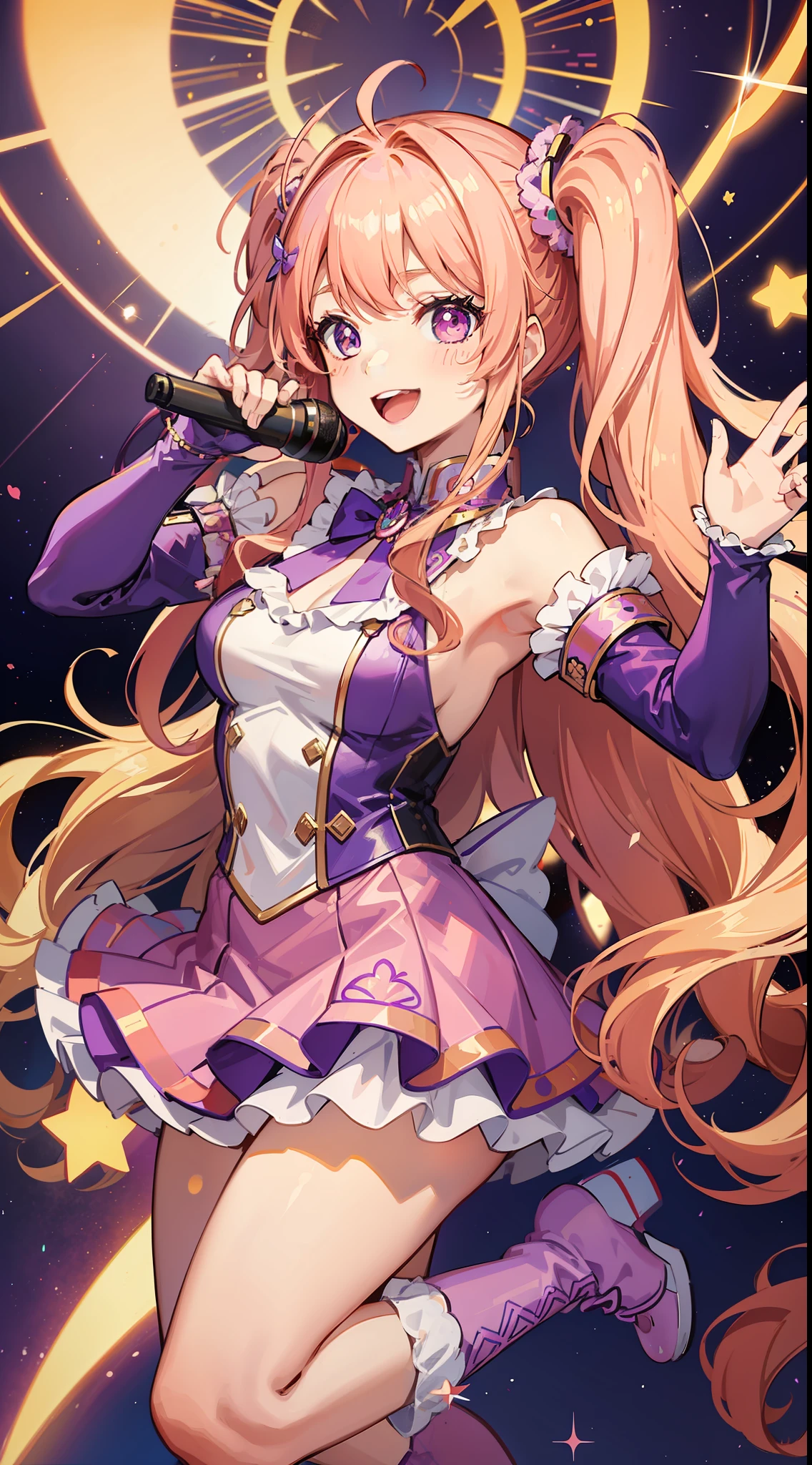 A cheerful teenage Jpop idol with very long blonde hair in curly twintails, wearing a purple unicorn costume with a miniskirt, pink boots, and angel wings, singing joyfully, intricate details, vivid colors