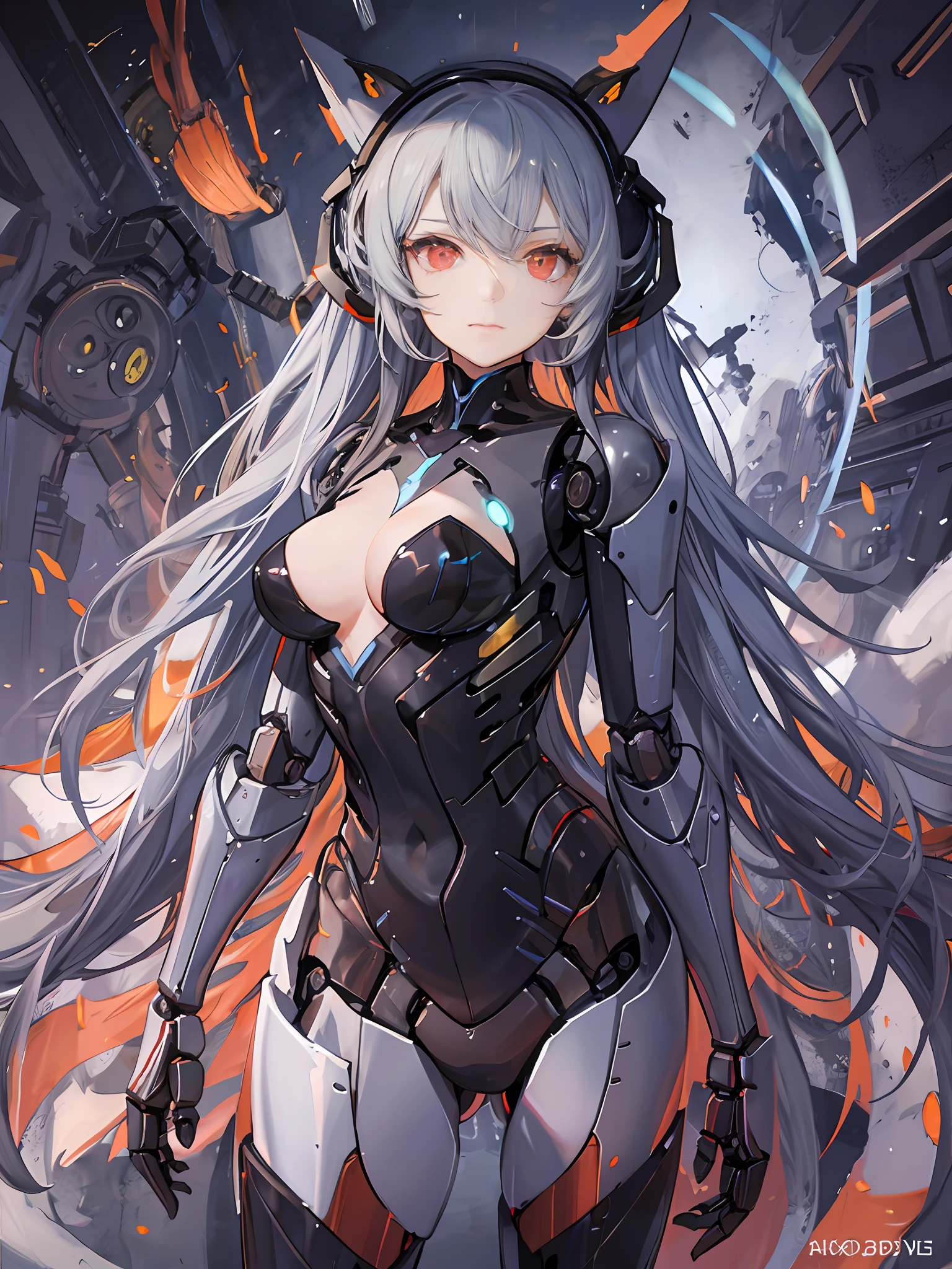((masterpiece)), a  (robot:1.6) with sleek and menacing design, glowing eyes, long hair, asymmetric body, highly detailed, 1girl, love, cute