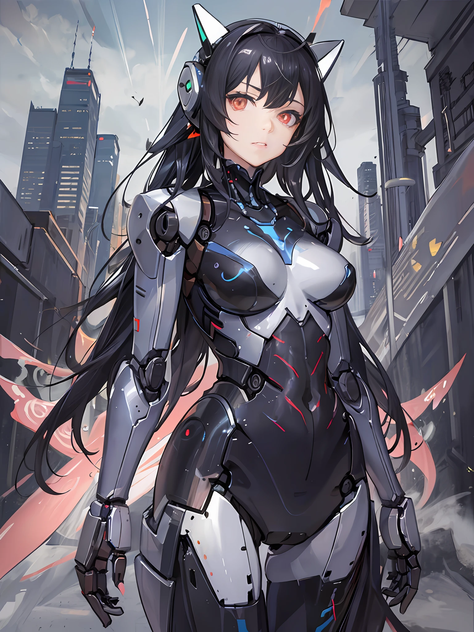 ((masterpiece)), a (robot:1.6) with sleek and menacing design, glowing eyes, long hair, asymmetric body, highly detailed, 1girl, love, cute