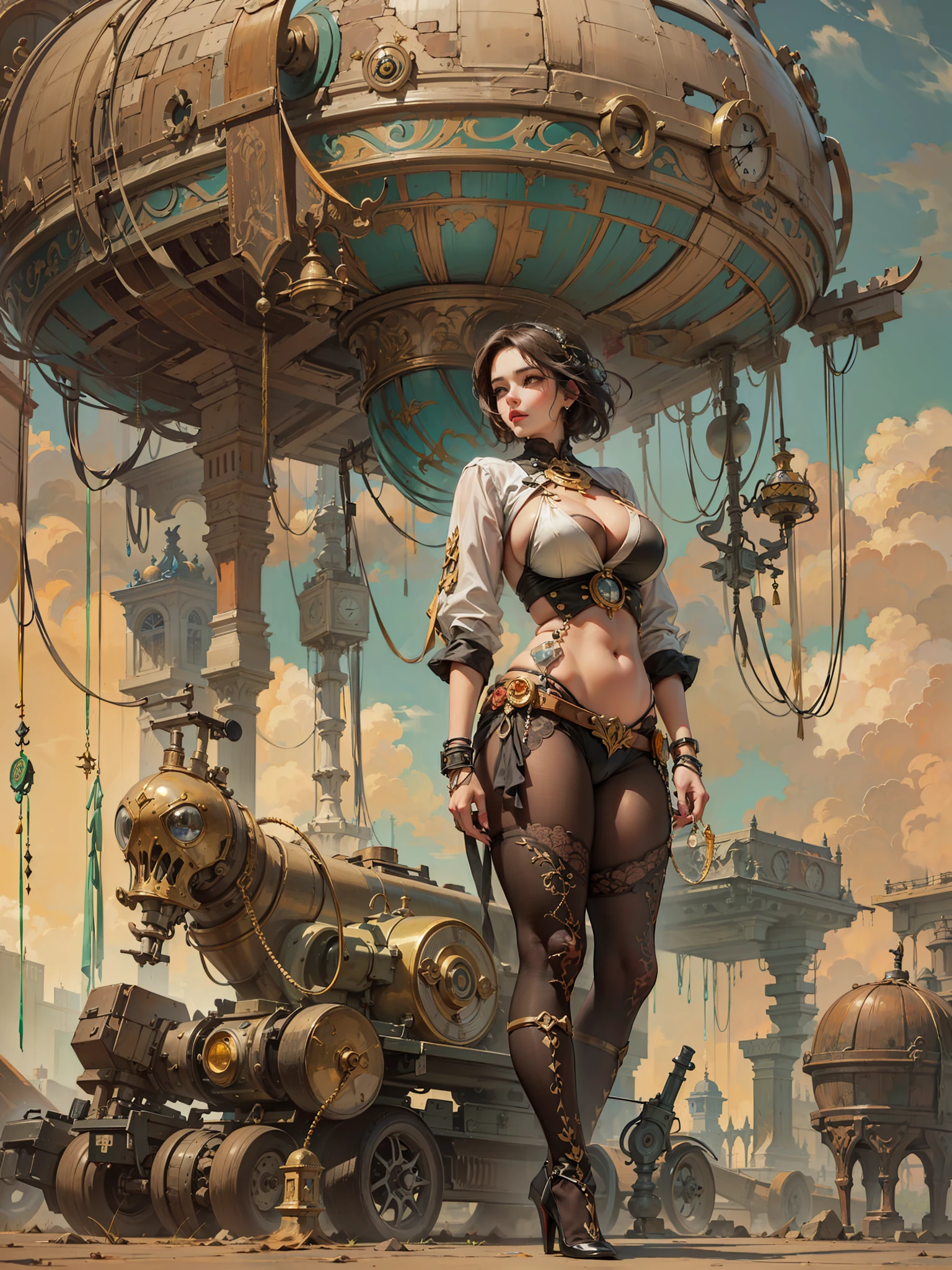 pose sugerente, pintura de estilo de arte tenebrista, oil on canvas, (((gigantic sagging breast,Gran escote marcado))), paisaje de fondo del dirigible steampunk, detalles intrincados de ropa steampunk completa, hiperrealista, tendencia en ArtStation, Motor Unreal 5, 8k, arte conceptual, Pintura digital, Stunningly Detailed, simetry, Octanaje, arte conceptual, artistic, kinematics, Ultra Sharp Focus, Altamente detallado, alma vibrante, perfection