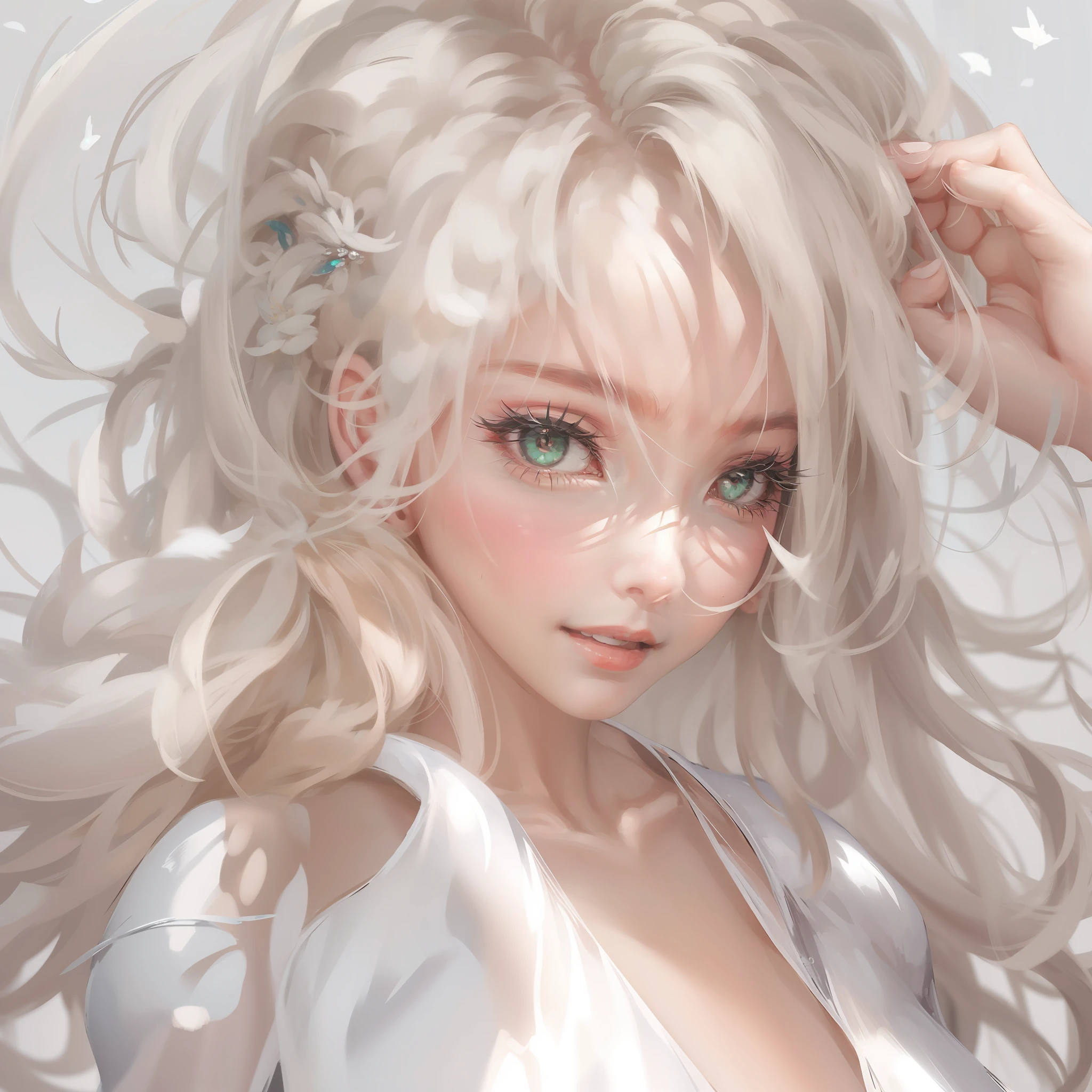 Christaaot, olhos perfeitos, Olhos bonitos, 1Menina, cabelo detalhado, sorriso discreto, corpo inteiro, cabelos loiros, vestido branco, Calcinha Branca, (master part), high-resolution, pele detalhada, ultra-detalhado, transparent --auto