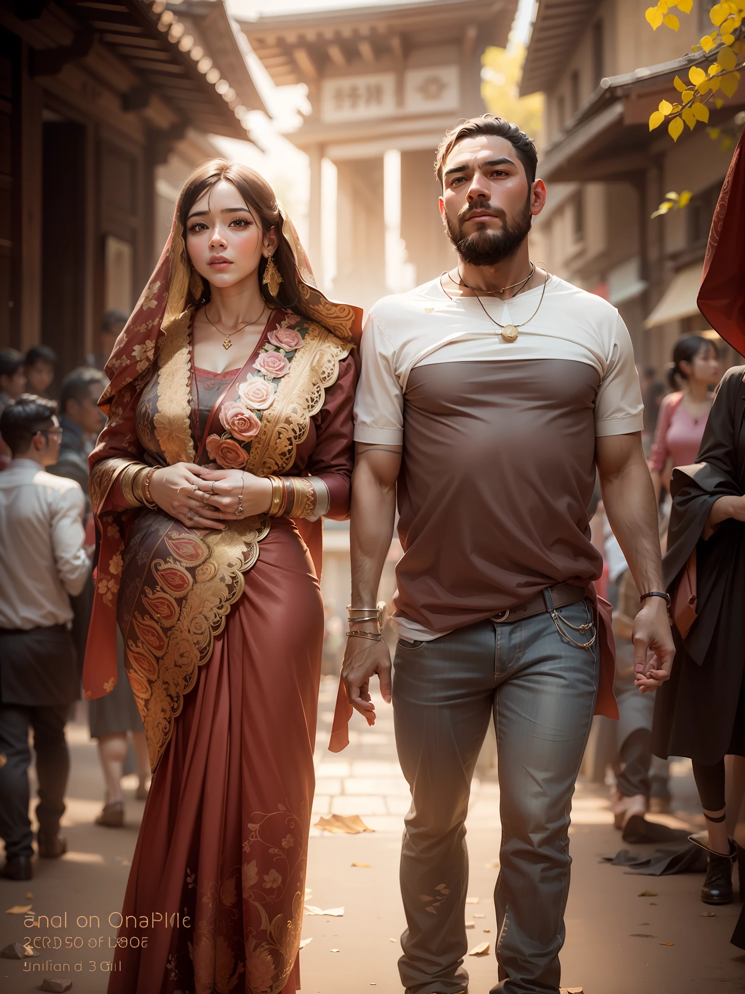 Temple background, couple, handsome , realistic face,8k,ultra realistic,