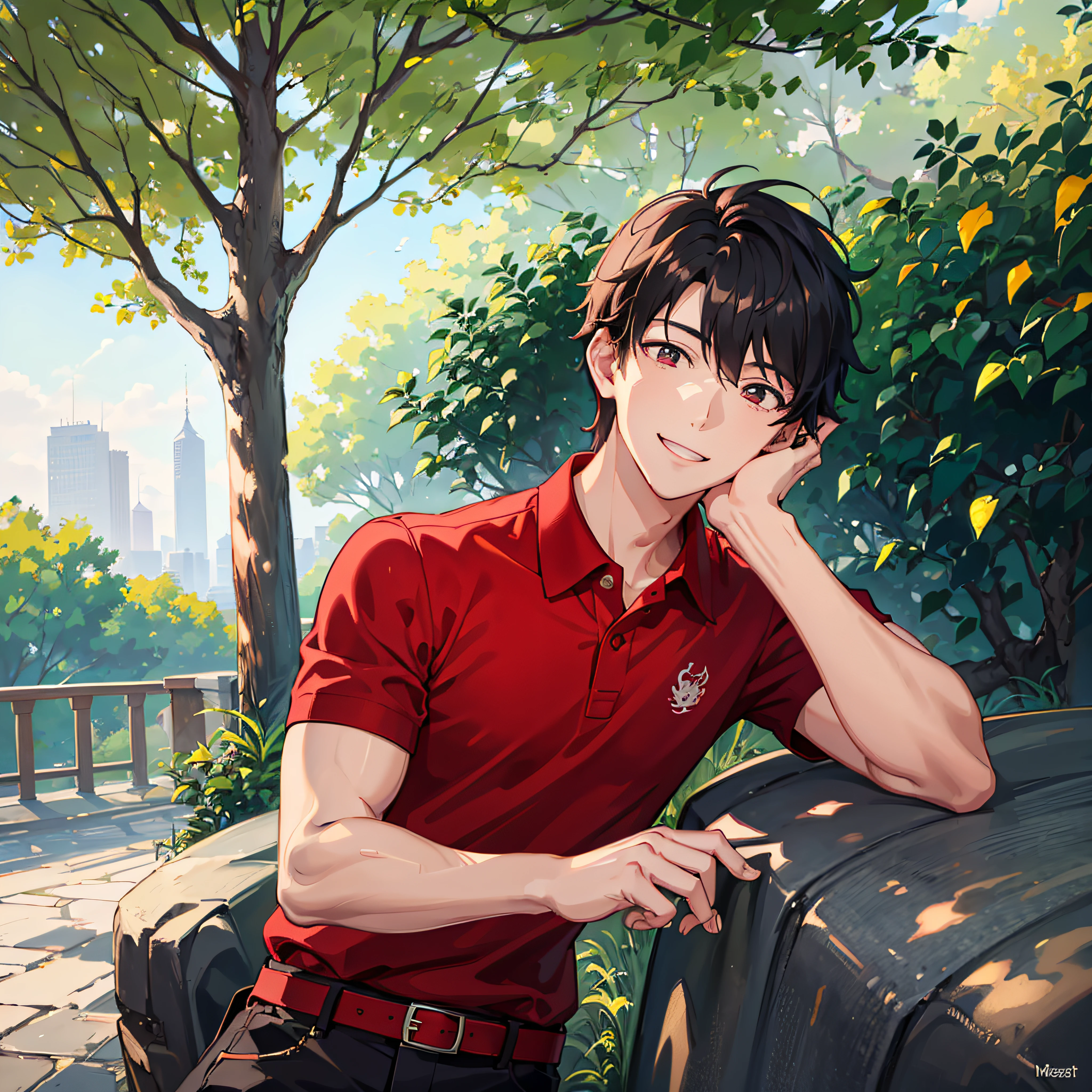 masuter piece, 独奏, red polo shirt, Young man with a refreshing smile, red polo shirt, Beautiful sunlight, Fine expression, dynamic ungle, twinks,