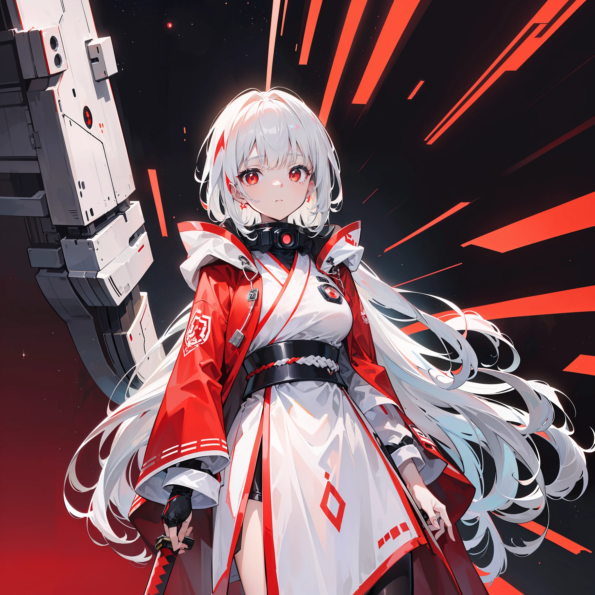 (tmasterpiece, best qualtiy, hyper-high detail, style of anime,HDT,8K)(Light sci-fi atmosphere, White-haired girl with red laser katana, Wearing a red and white cloak, red pupils,dual horsetail), (Simple red sci-fi electronic pattern decoration), (Huge red sci-fi space as background)