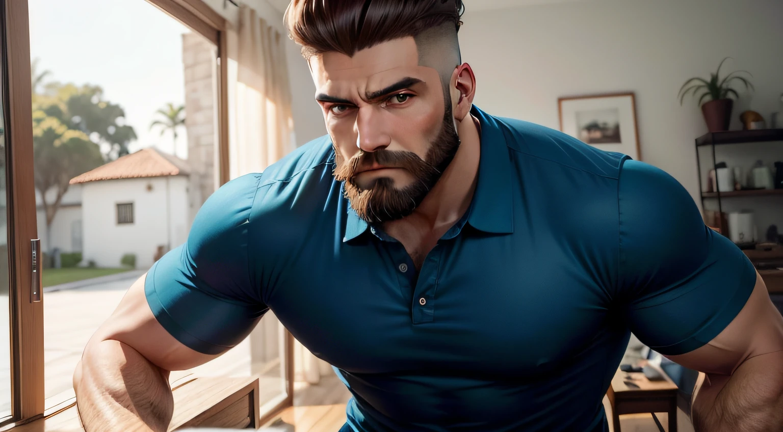 homem cabelos pretos o olhos castanhos claros estatura  barbudo media calca jeans e blusa polo azul --auto