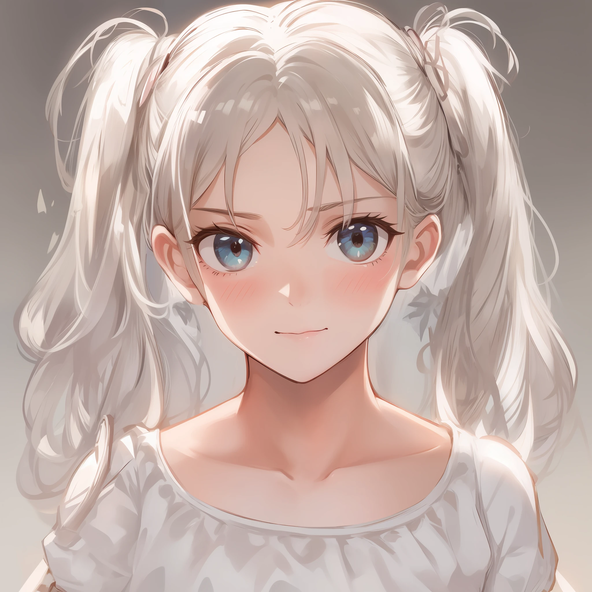 twintails, olhos perfeitos, Olhos bonitos, 1Menina, cabelo detalhado, sorriso discreto, corpo inteiro, cabelos loiros, vestido branco, Calcinha Branca, (master part), high-resolution, pele detalhada, ultra-detalhado, transparent