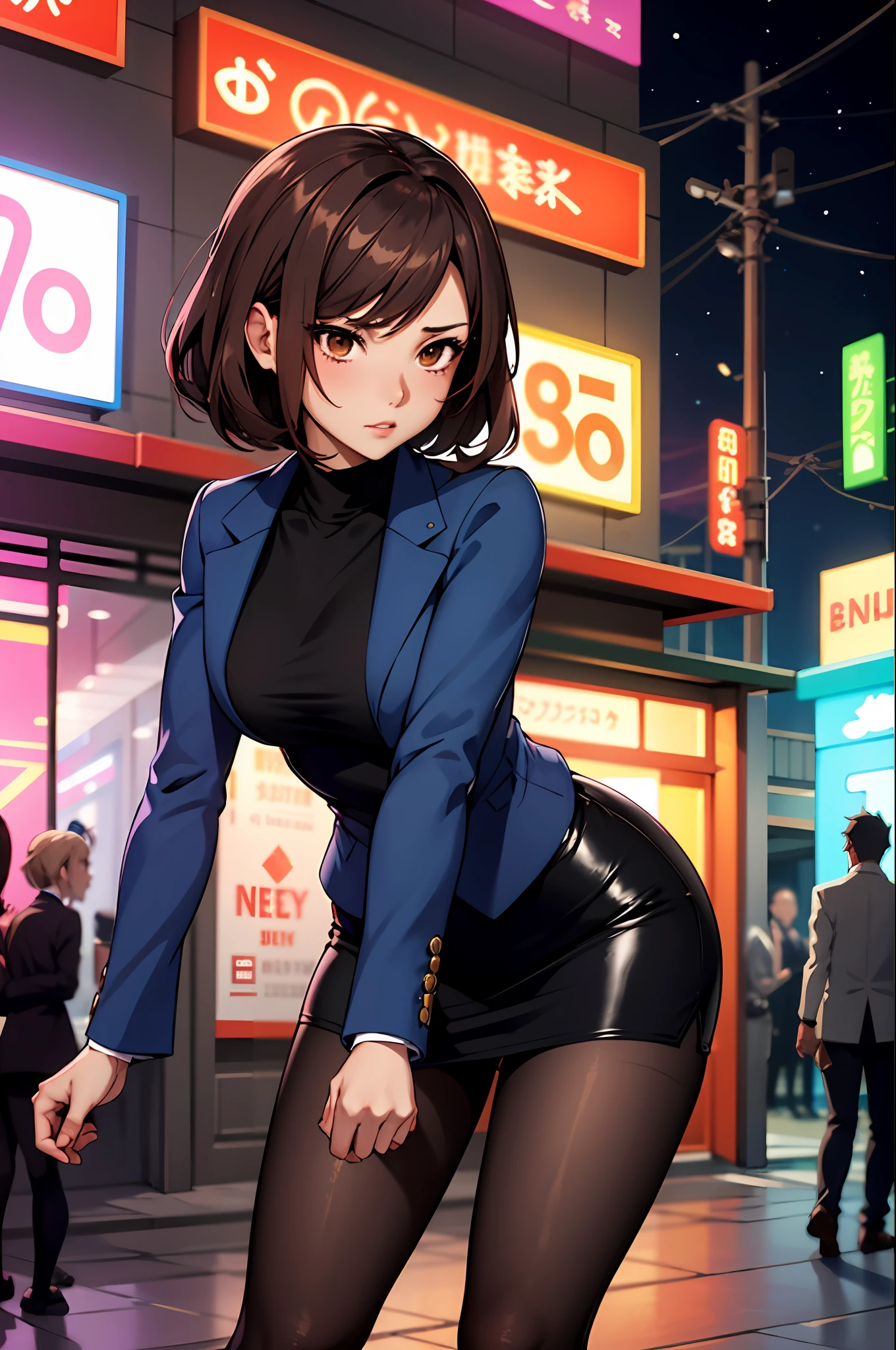 Bewitching anime girl in blue suit and tight skirt、Black tights,Inviting look、black top and brown hair,,,,,,Ecchi anime style,  bending forward,Kamimei,Red Light District at Night,neons