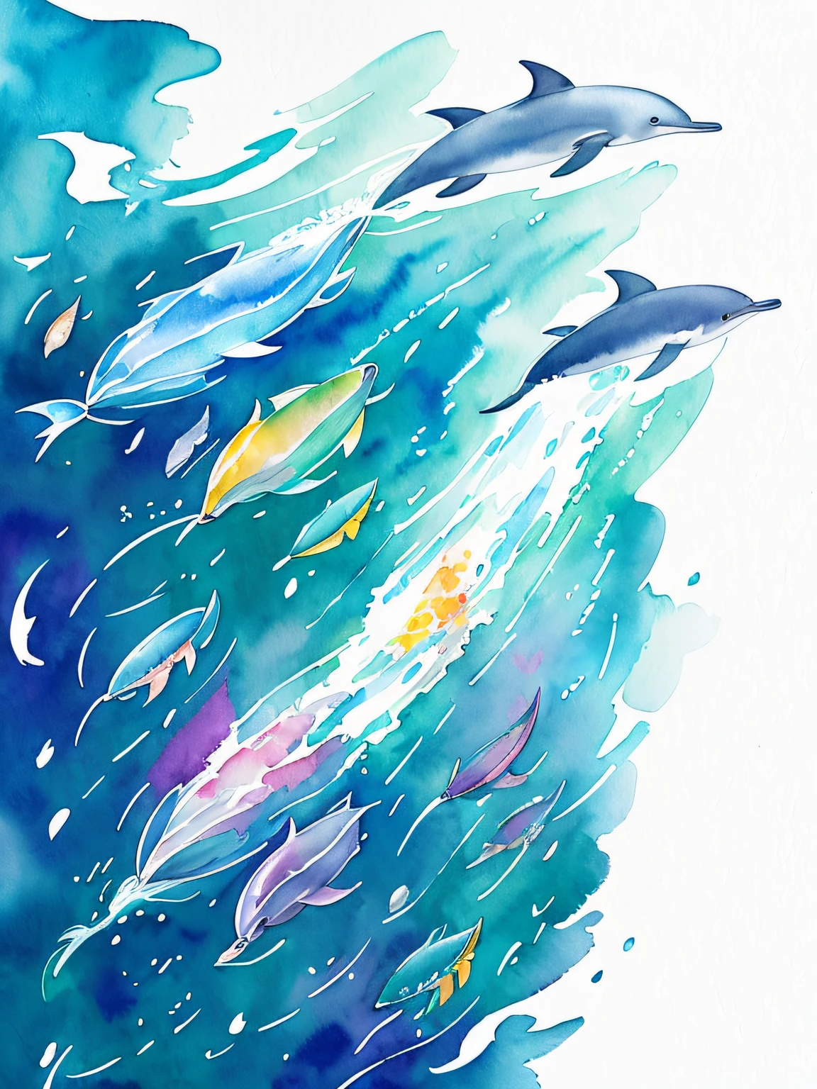 Illustration of a pod of dolphins swimming in the ocean, watercolor painting underwater, A beautiful artwork illustration, highly detailed water colour 8k, highly detailed water colour 8 k, jen bartel, Watercolor illustration, Watercolor ink illustration, Watercolor illustration style, Colorful illustration, dreamlike illustration, Artistic illustration, ocean floor, ink and watercolor illustration, 2 d gouache illustration