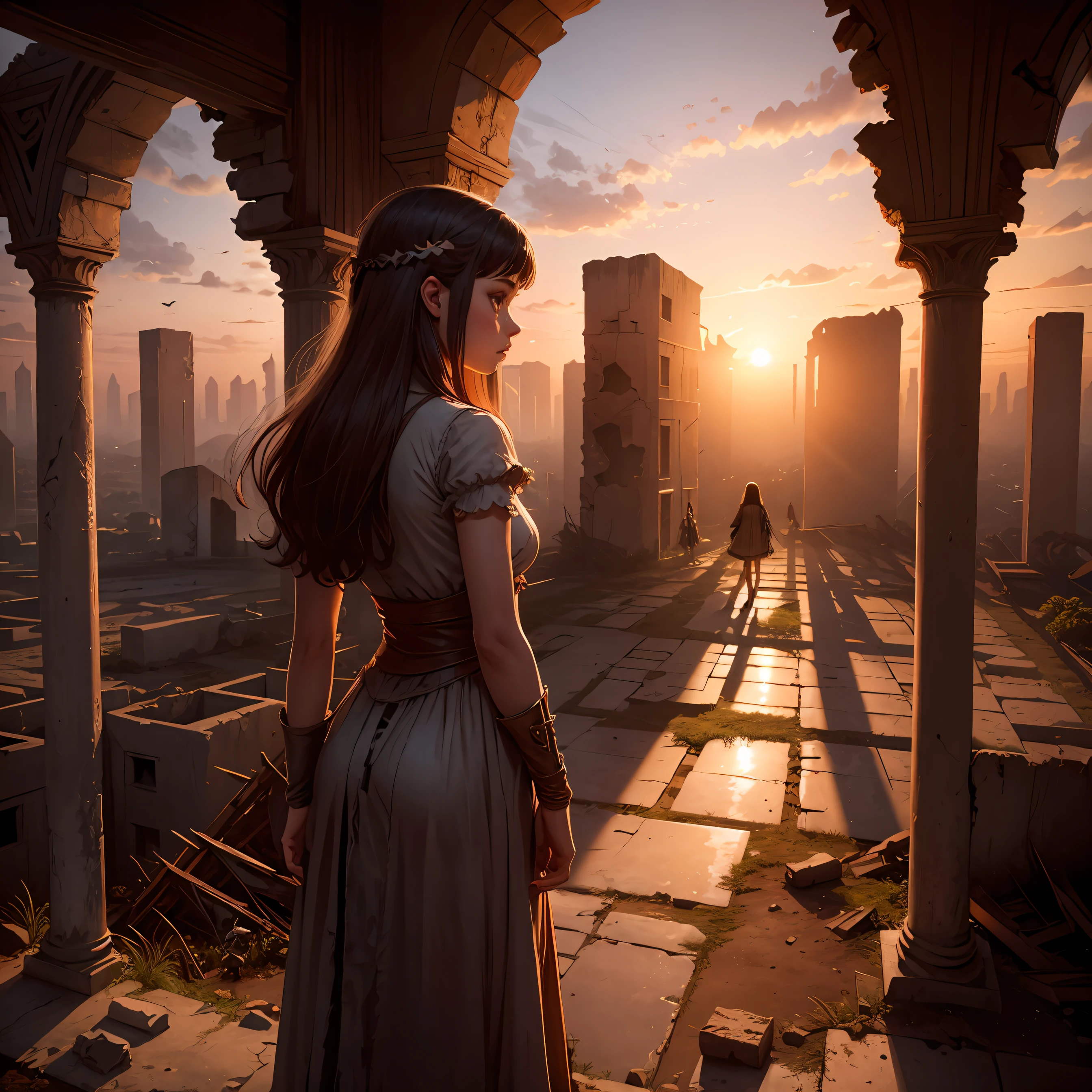 The girl standing in the ruins of the setting sun is greeted by a group of monsters