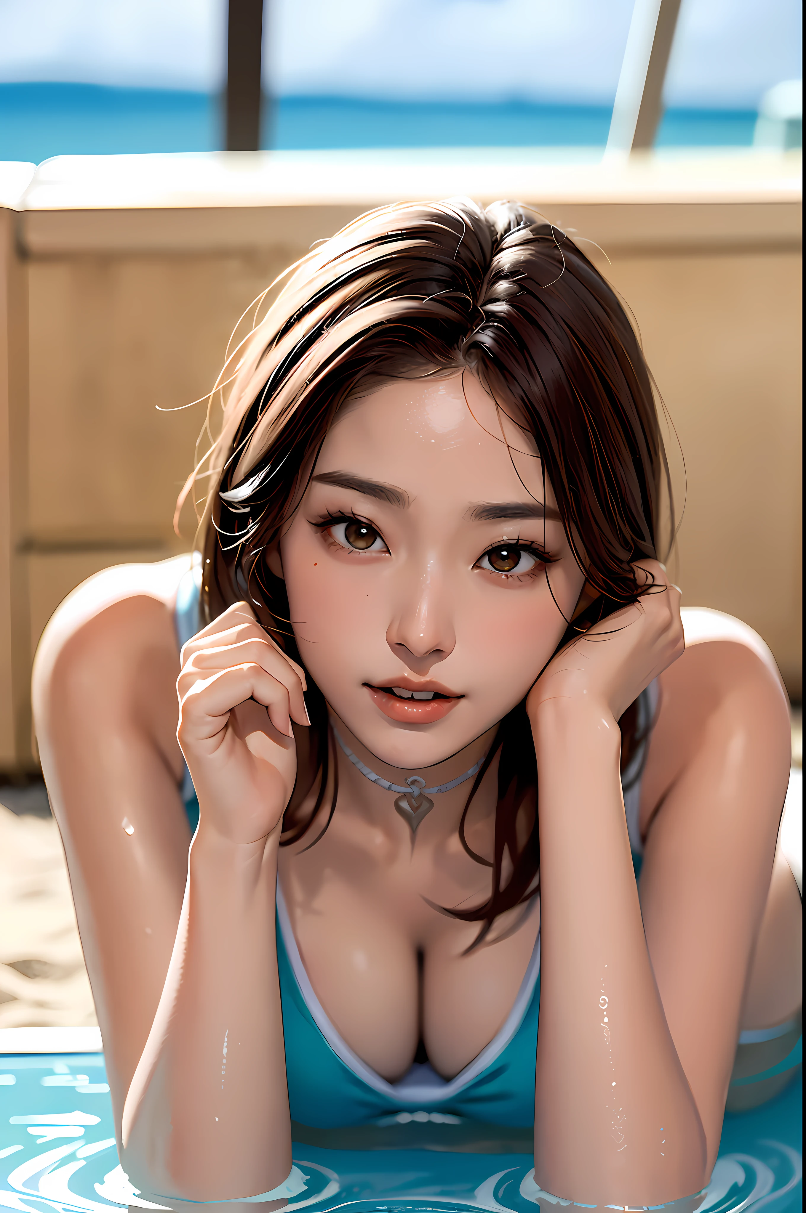tmasterpiece,Best quality,动态照明,(The most beautiful eyes,二重まぶた,Lying silkworm,long eyelasher:1.6),((cloudless sky, Need:1.3)),(((16K resolution,Camera shot,The most beautiful woman in the world,Photorealistic,Realiy:1.8)))((Highly detailed skin texture,Extra-large capacity:2.5)),Focalors:1.2, (full bodyesbian, Slim abs,Long legs, Corrected legs,correct hand,perfect figure beautiful woman:1.2), Korean model,model in Japan, ((Random hair, cleavage,huge tit:1.4)), (Creative three-point swimwear,Very little cloth:1.4), ((sea beach、sandbeach、pools of water、small stream:1.3)),(Snow-white skin,Pure and beautiful,Pure,Beautiful feet,choker necklace,Redlip,Open your mouth slightly,ssmile:1.3),((Messy hair,Ultra-fine hair:1.4))。