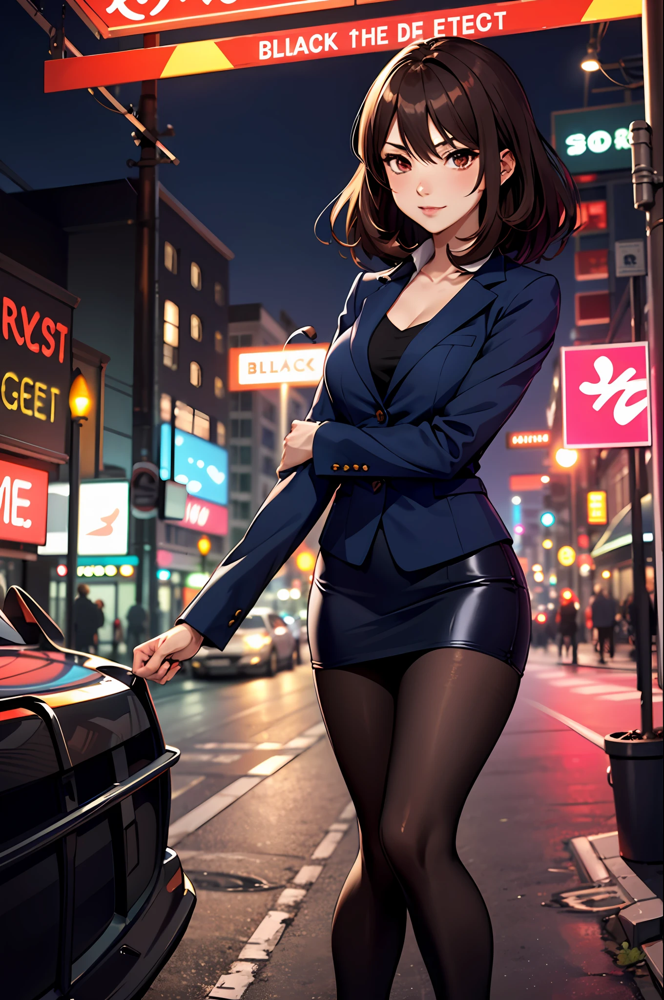 Bewitching anime girl in blue suit and tight skirt、Black tights,Inviting look、black top and brown hair,,Ecchi anime style,  bending forward,Kamimei,Red Light District at Night,neons