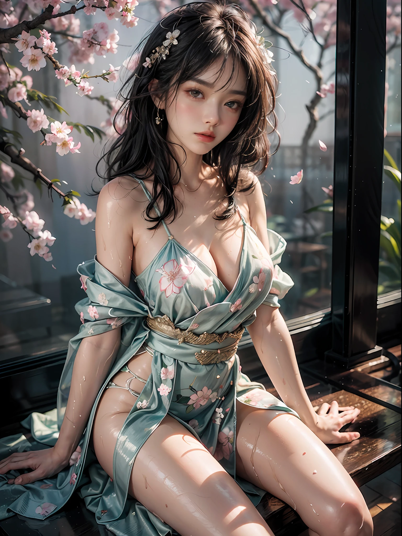 Loose transparent、Show shoulders、How to wear a broken see-through kimono、Decorated with intricate patterns and bright colors、Transparent material、Artistic depiction of seductive woman in kimono with wet thin cloth and transparent skin, Floral and fantastic pattern with flowing silky traditional see-through skin。Her dress draped elegantly around her curvaceous figure、Emphasizes her charming silhouette。She is sitting on a chair in a sexy pose at night when gentle fireworks go up、bathed in the soft glow of moonlight。The scene is、With a hint of mystery and sensuality、It exudes an ethereal dreamy atmosphere。The image style is、It incorporates a blend of watercolor and digital illustration techniques.、It makes you feel delicate beauty and charm。Soft moonlit lighting、Cast gentle highlights and shadows on her mesmerizing features。Get down on both knees、dance、dance、dance、dance、The hand is somewhere、see -through、show through、A sexy、Wet hair、Wet、cherry trees、flower petals、cherryblossom、The cherry tree、Sakura blizzard、buried、Transparent skin、Wet clothes、A lot of big phalaenopsis in hair、Lots of floral ornaments、Lots of flowers in the background