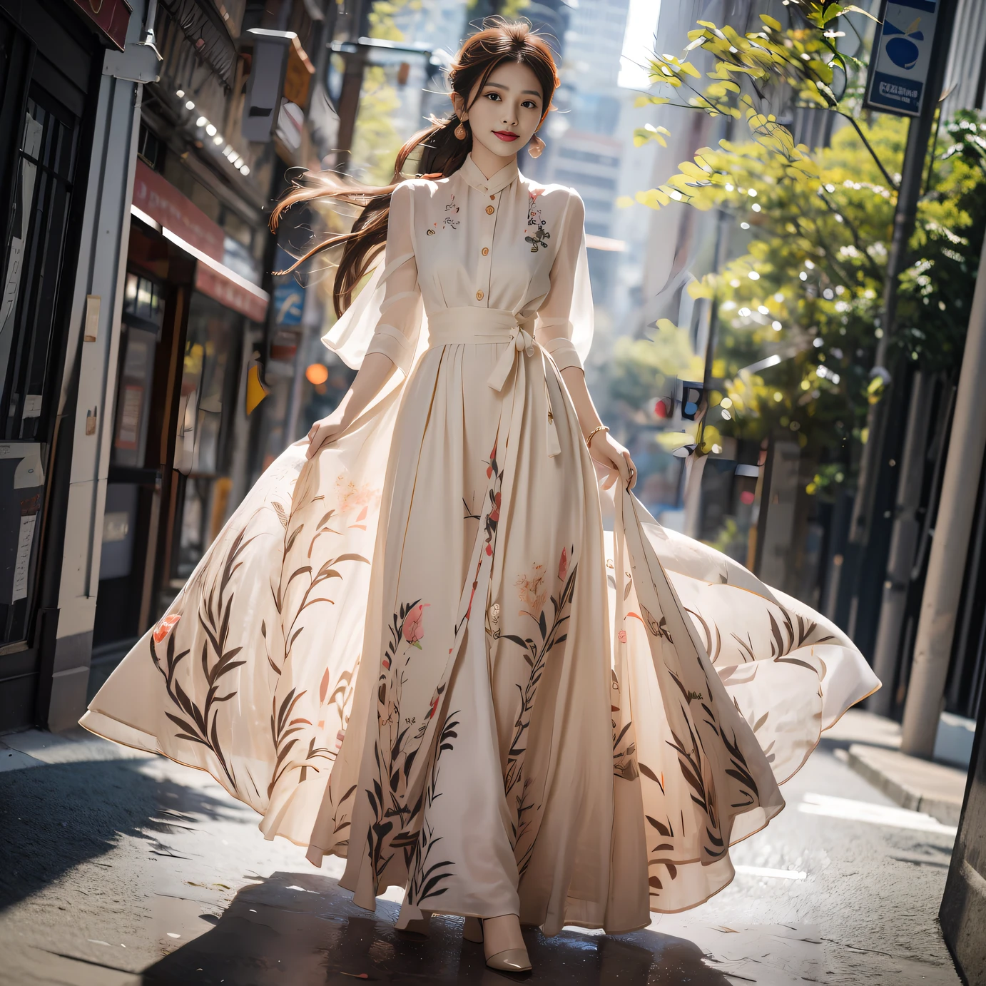 Arapei woman in long dress walks the city streets, Women's long skirt, wearing flowing dress, wearing a long flowery dress, floating dress, Chiffon, Long dress, modest flowing gown, floral art nouveau dress, Romantic dress, elegant clothes, Dressed in elegant dresses, Femme, Beautiful clothes, ao dai, Elegant dress, art nouveau dress, retro dress