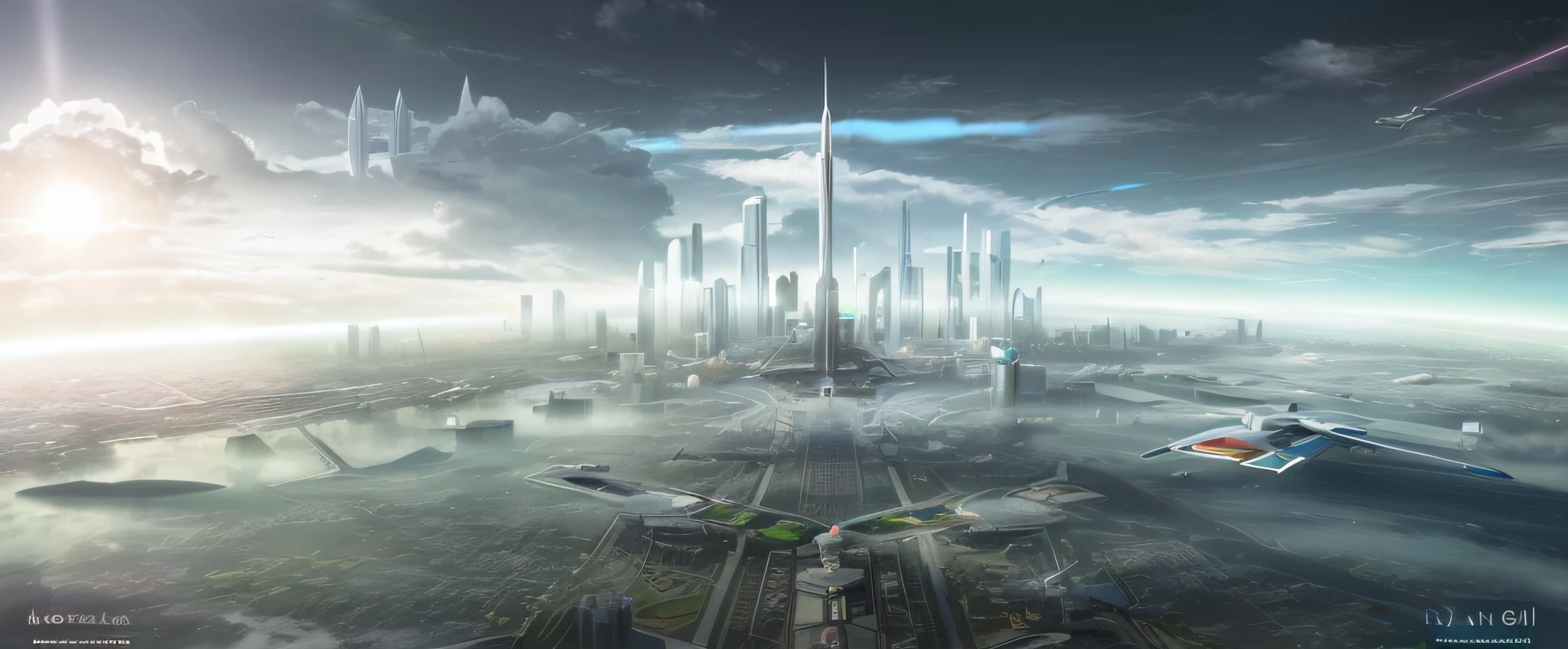 Cidade futuristica,An airplane flew over it in a cloudy sky, futuristic dystopian city, otherwordly futuristic city, Futuristic city, Beautiful city of the future, hyper-futuristic city, vista of futuristic city, The future city, futuristic utopian metropolis, Photo of futuristic cityscape, Futuristic city landscape, Futuristic city landscape, futuristic utopian city, sci fi city,Replace the city of the future with a rocket launch base where many rockets are being launched