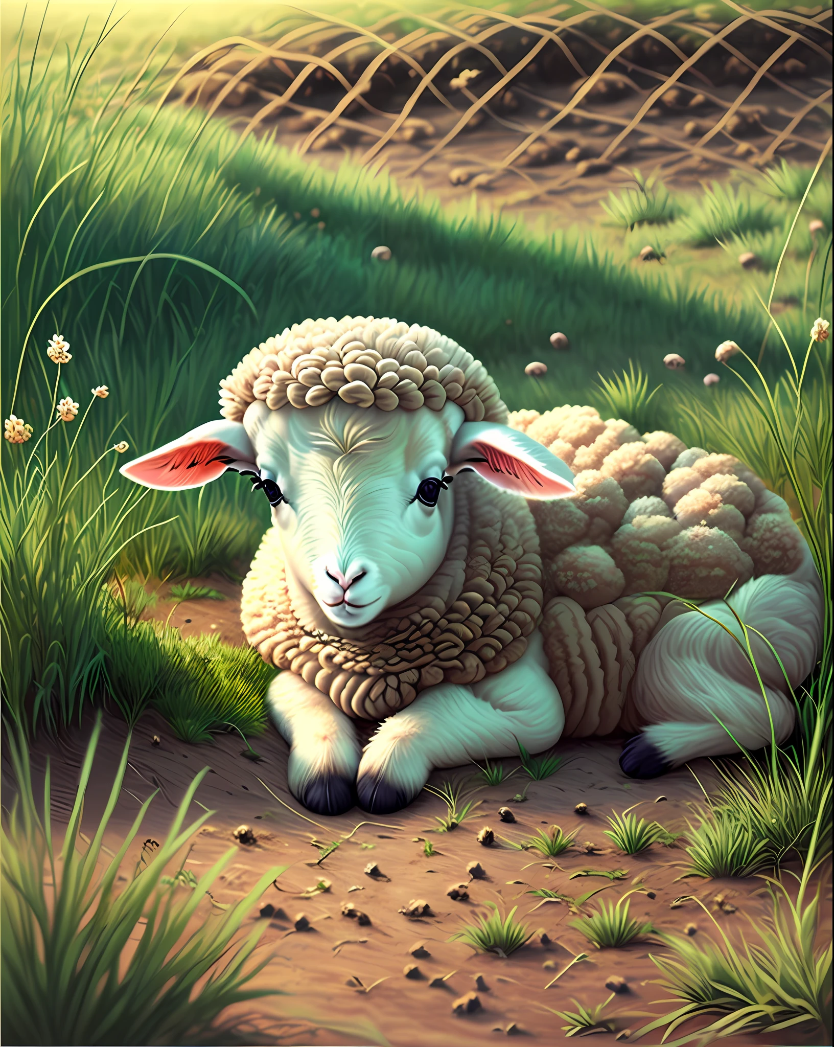 small lamb laying in a green pasture --auto --s2