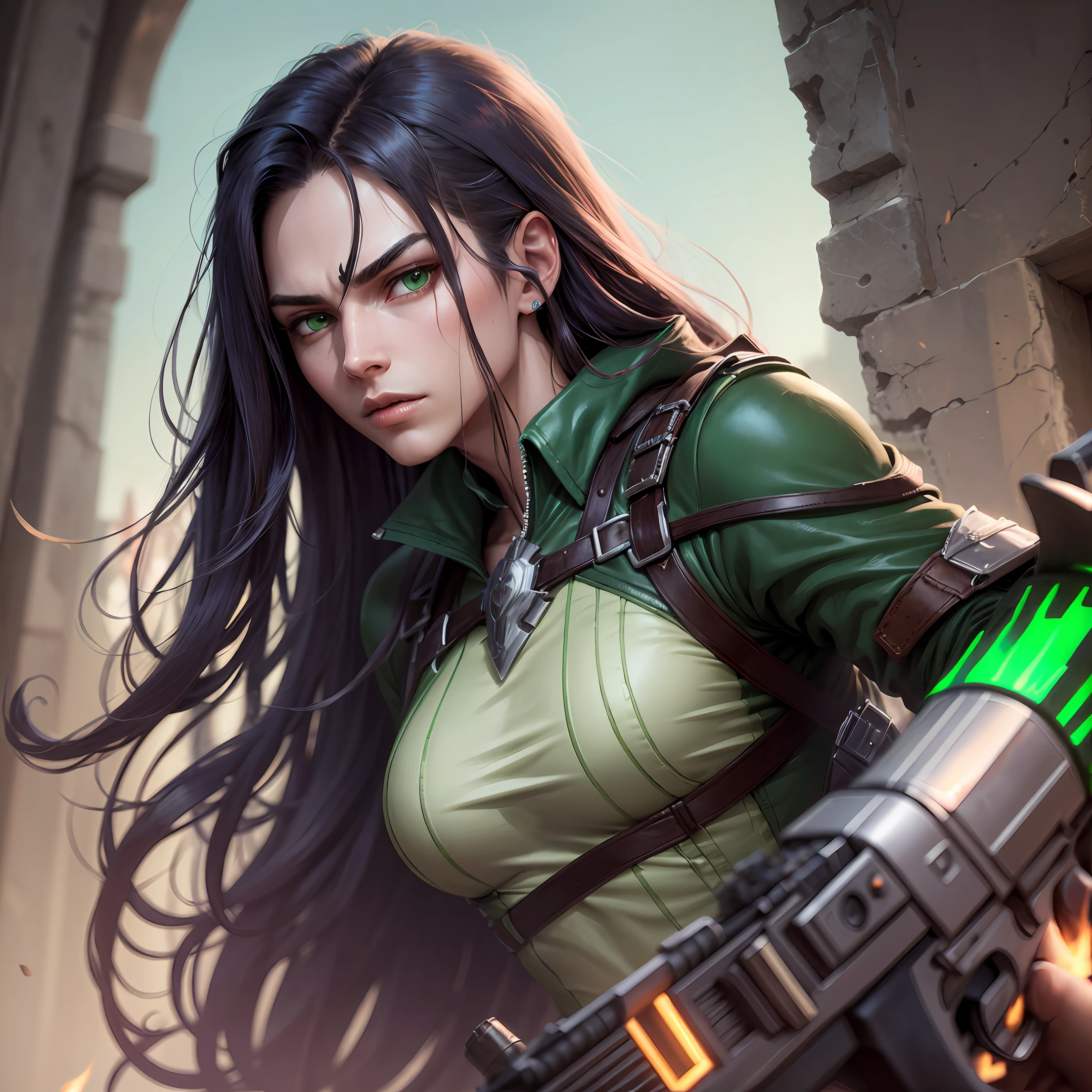 Male demon hunter long black straight hair green eyes two guns --auto --s2